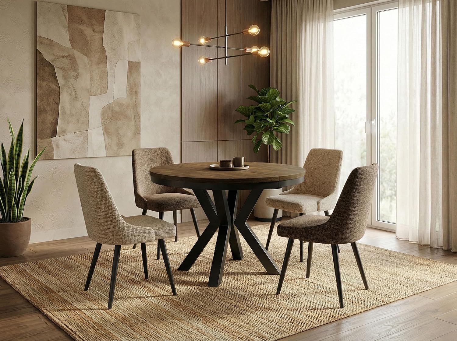 WFL GROUP Runder Ausziehbarer Esstisch im Loft-Stil - Industrieller Tisch mit Schwarzen Metallbeinen - Platzsparender Tisch für Wohnzimmer - Lefkas Eiche - 100 bis 180 cm