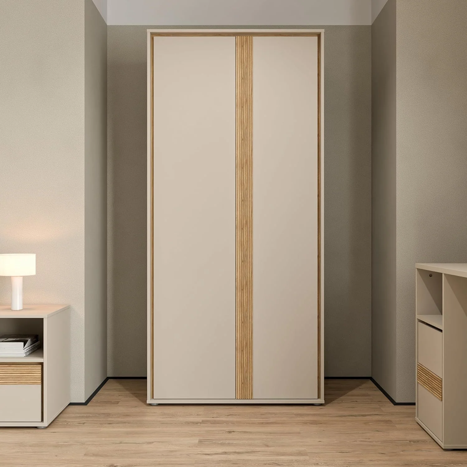 Forte WEXLIN Kleiderschrank 90 95, moderner Schrank mit 2 Drehtüren, Kinder- und Jugendzimmer, Holzwerkstoff, Kaschmir