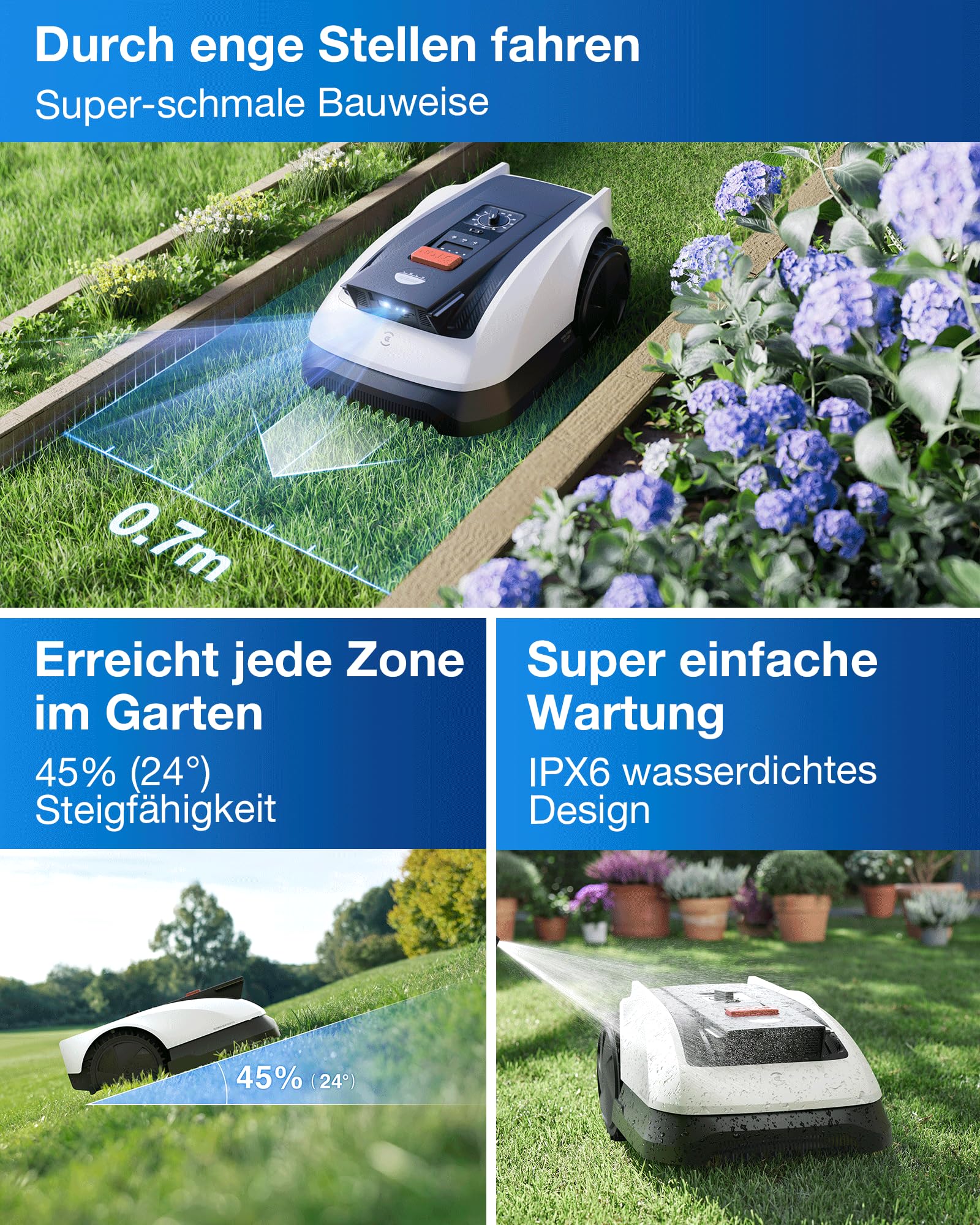 Mähroboter O800 RTK für 800 m² ohne Begrenzungskabel LiDAR Vision 22 cm Schnittbreite 4000 mAh Akku 45 % Steigung 3–8 cm Schnitthöhe