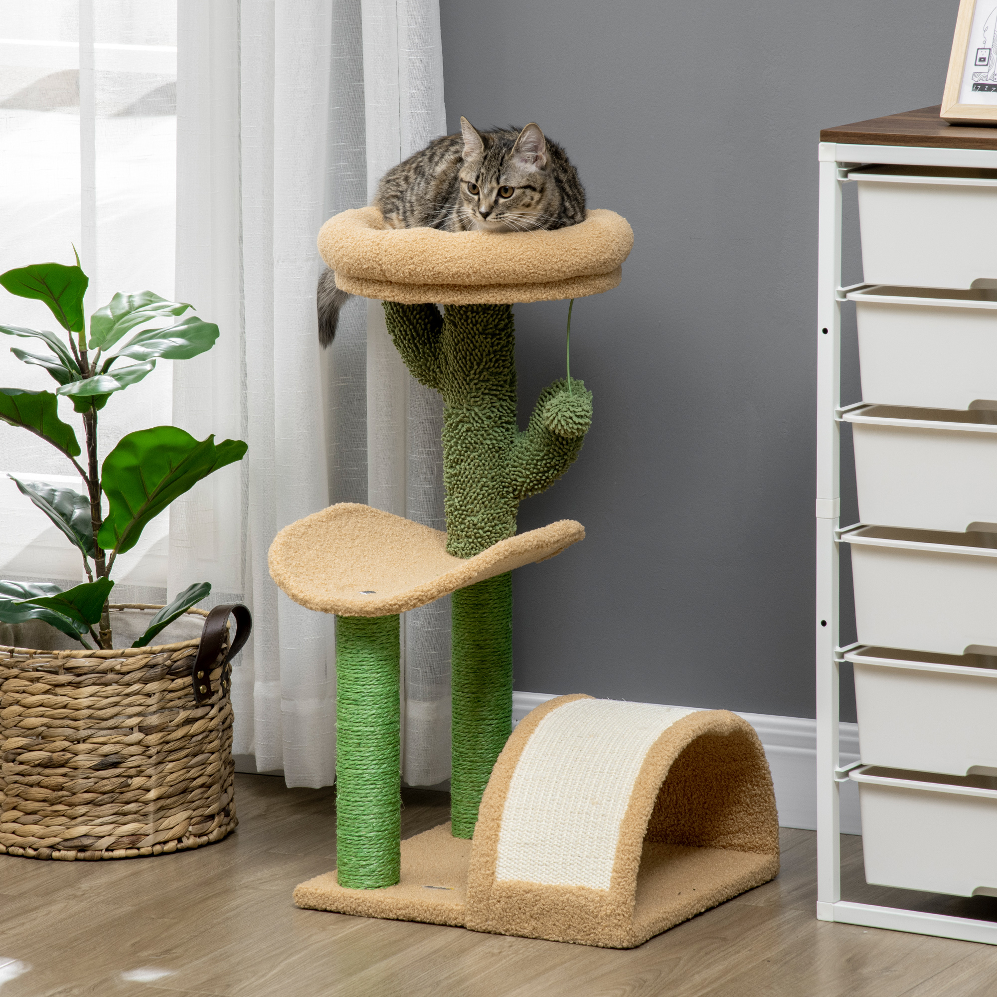 PawHut Kratzbaum für Katzen, Sisalpfosten, Teddy-Samt, Spielball, Kaktus-Design, 72H x 40L x 35B cm