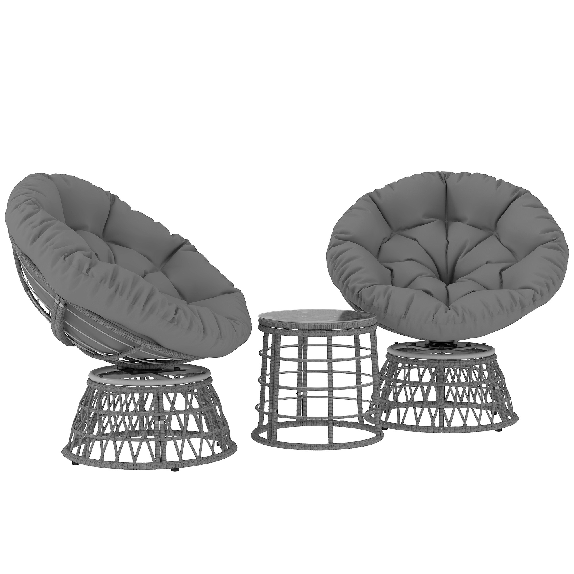 Outsunny Gartenmöbelset 3-teilig mit 2 drehbaren Papasan-Sesseln und 1 rundem Couchtisch aus Polyester-Rattan-Geflecht