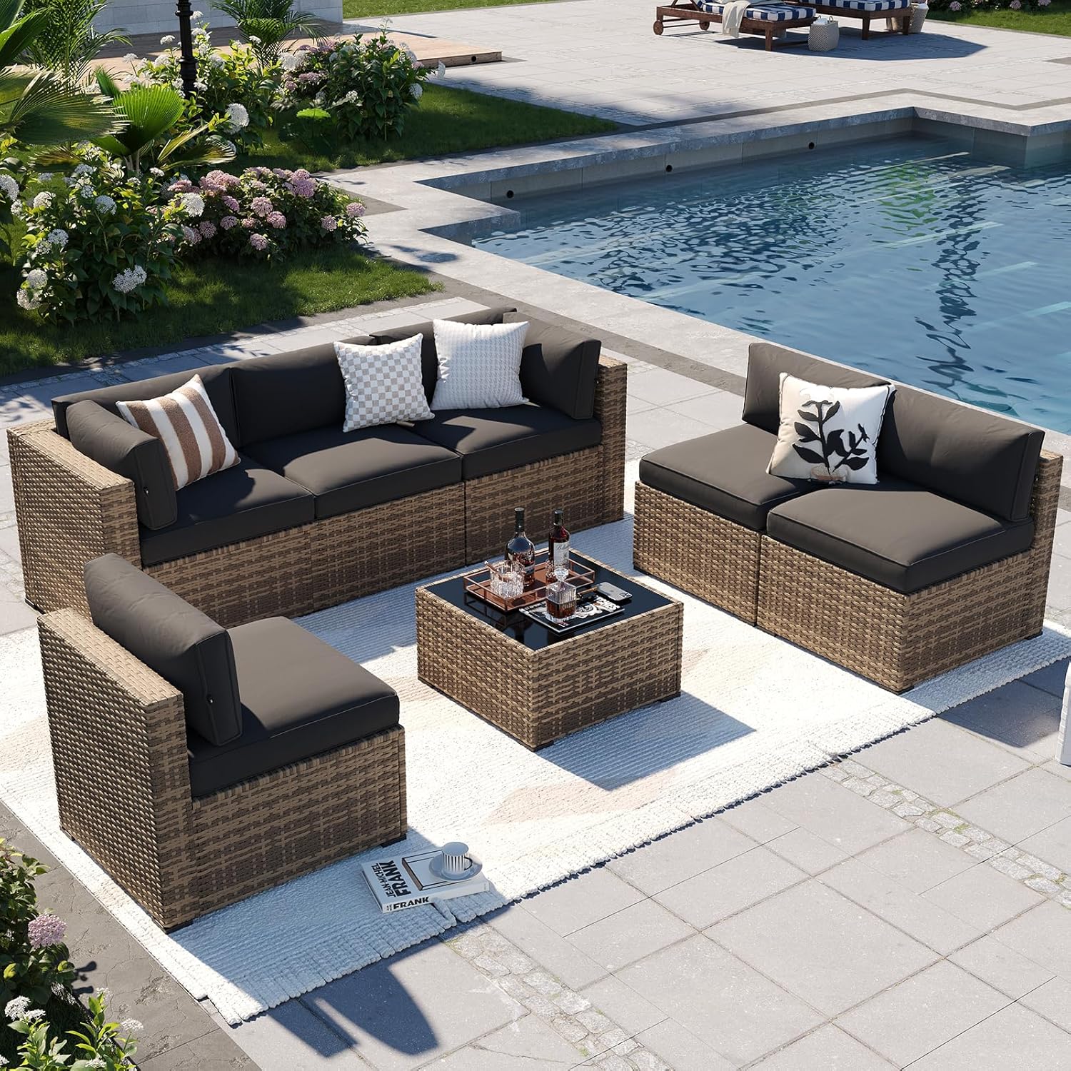 Aoxun Patio Furniture Sets  7-Piece Outdoor Patio Furniture with Thick Cushions  Wicker Outdoor Conversation Set Sectional Sofa for Backyard  Poolside  Garden