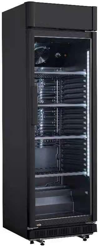 METRO Professional Frigorifero per bevande in acciaio/alluminio, porta in vetro con serratura e chiave, 4 ripiani regolabili, 180 W, illuminazione a LED (Nero, 347 L - con tettuccio)