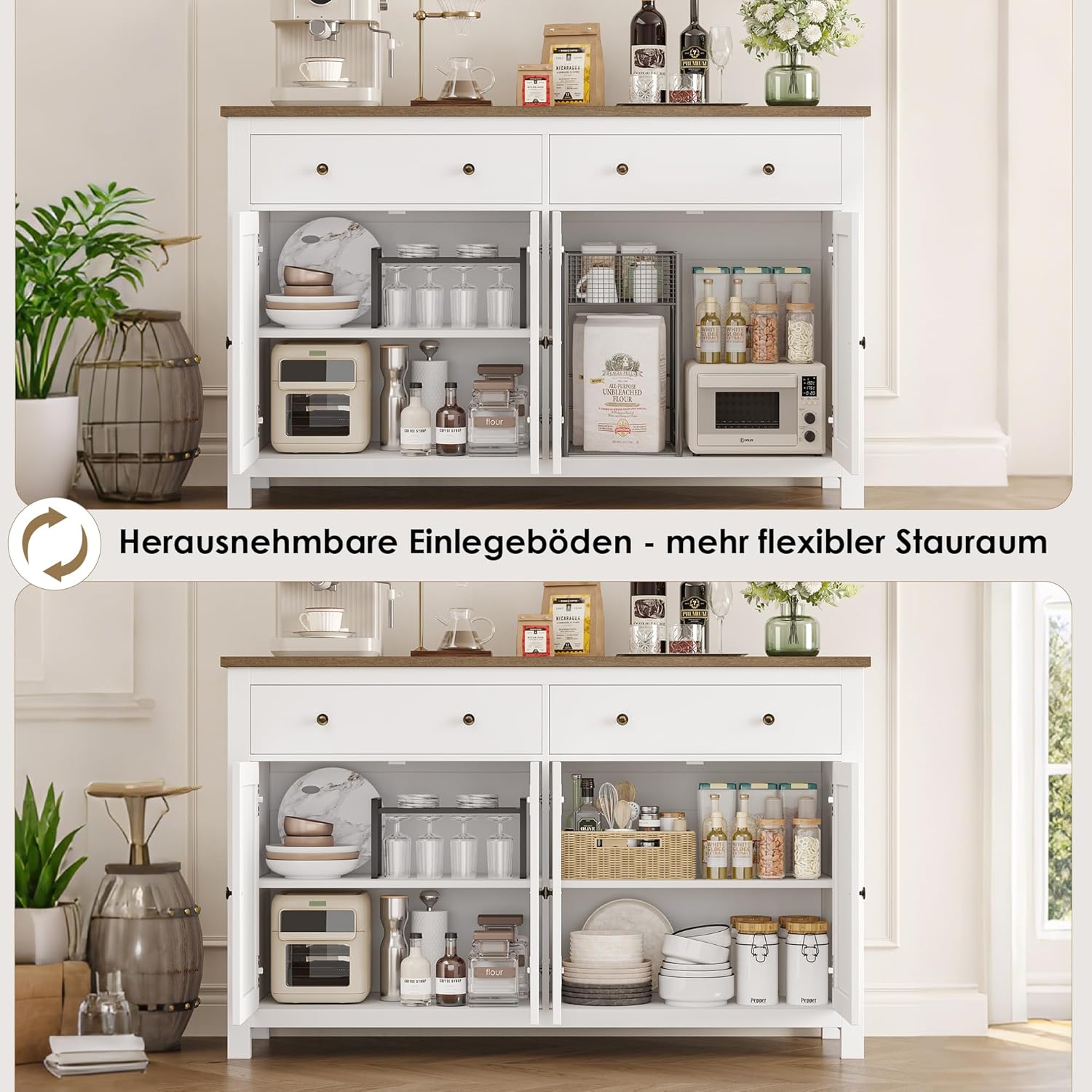 FirFurd Sideboard 140cm Breit Küchenschrank mit Arbeitsplatte Buffetschrank mit 2 Schubladen und 4 Türen Küchenbuffet mit Verstellbares Regal Sideboard für Küche Wohnzimmer Esszimmer weiß 140x89x40 cm