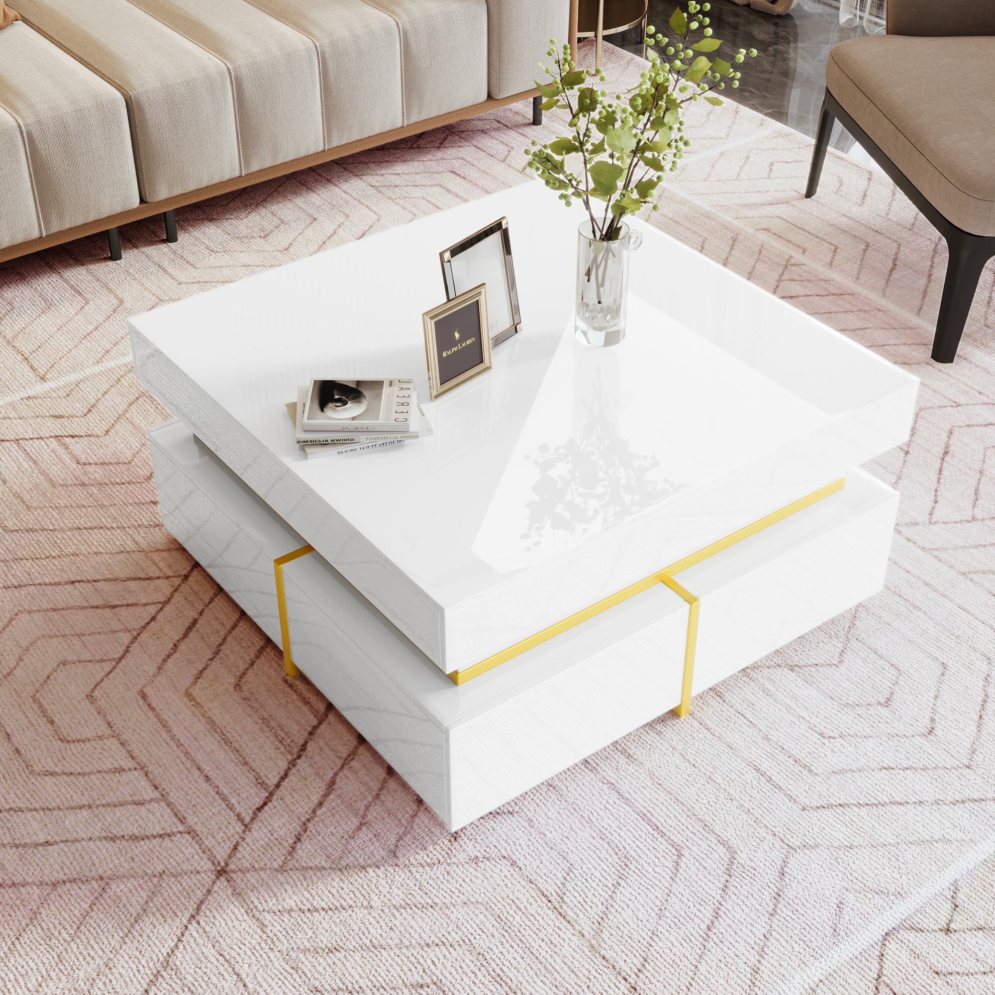 Couchtisch Weiß Hochglanz 70x70 cm Zwei Schubladen MDF für Wohnzimmer moderne Haushalte