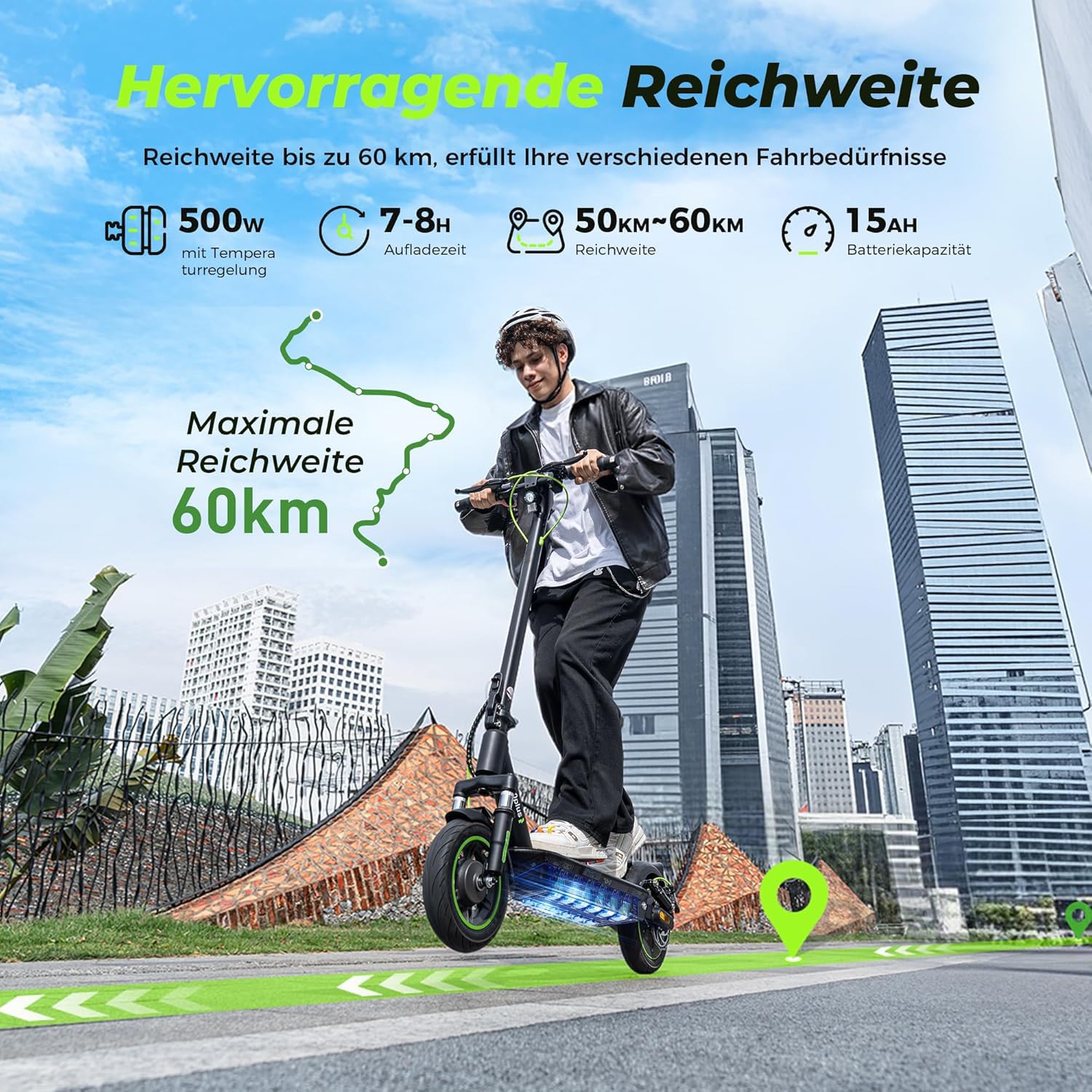 E-Scooter mit Straßenzulassung, S10plus, 500W, 10 Zoll Luftreifen, faltbar mit Blinker und App, bis 120 kg