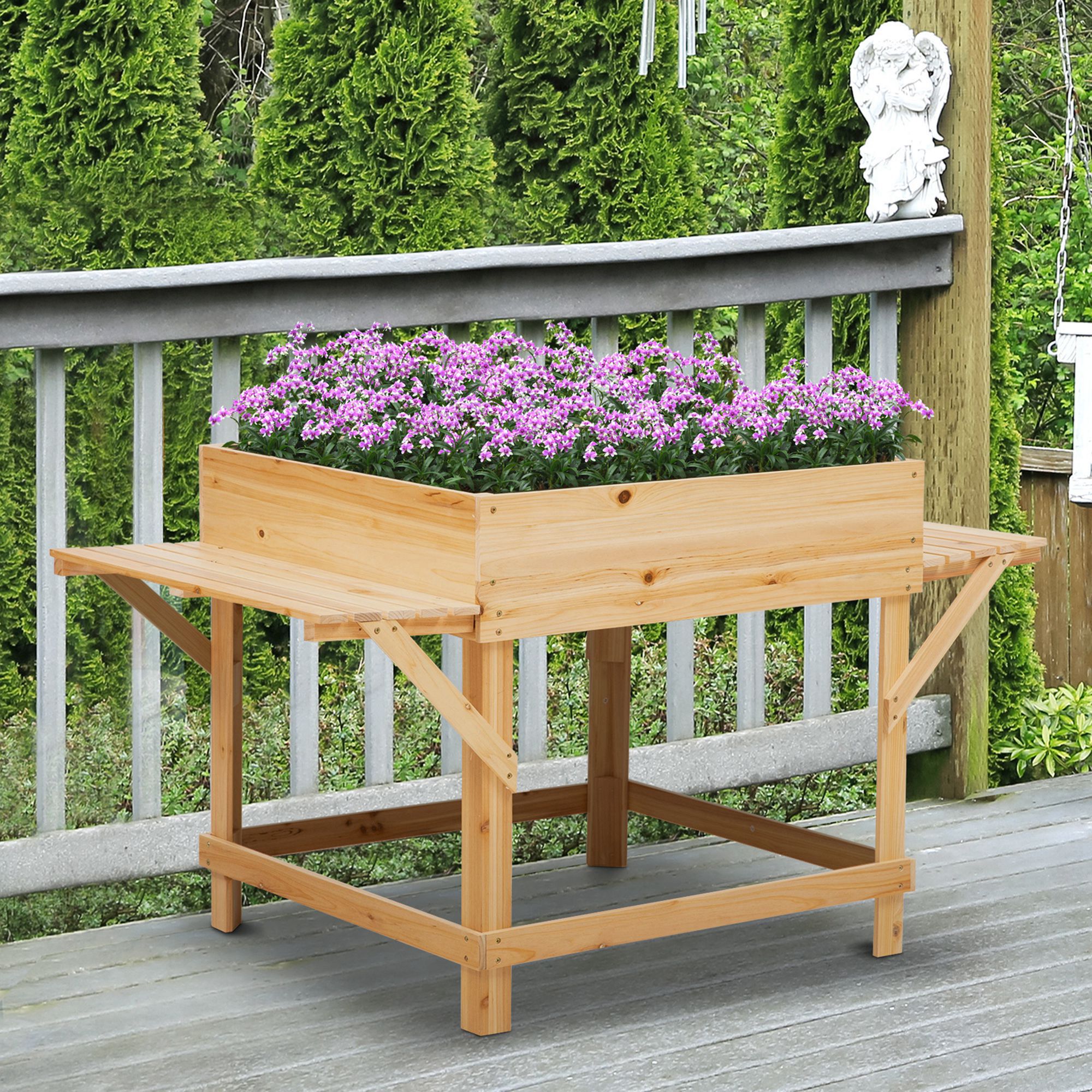 Outsunny Hochbeet aus Holz Pflanzkasten für Garten Balkon mit Ablage Blumenbeet Blumenkasten Natur 130 x 75 x 75 cm
