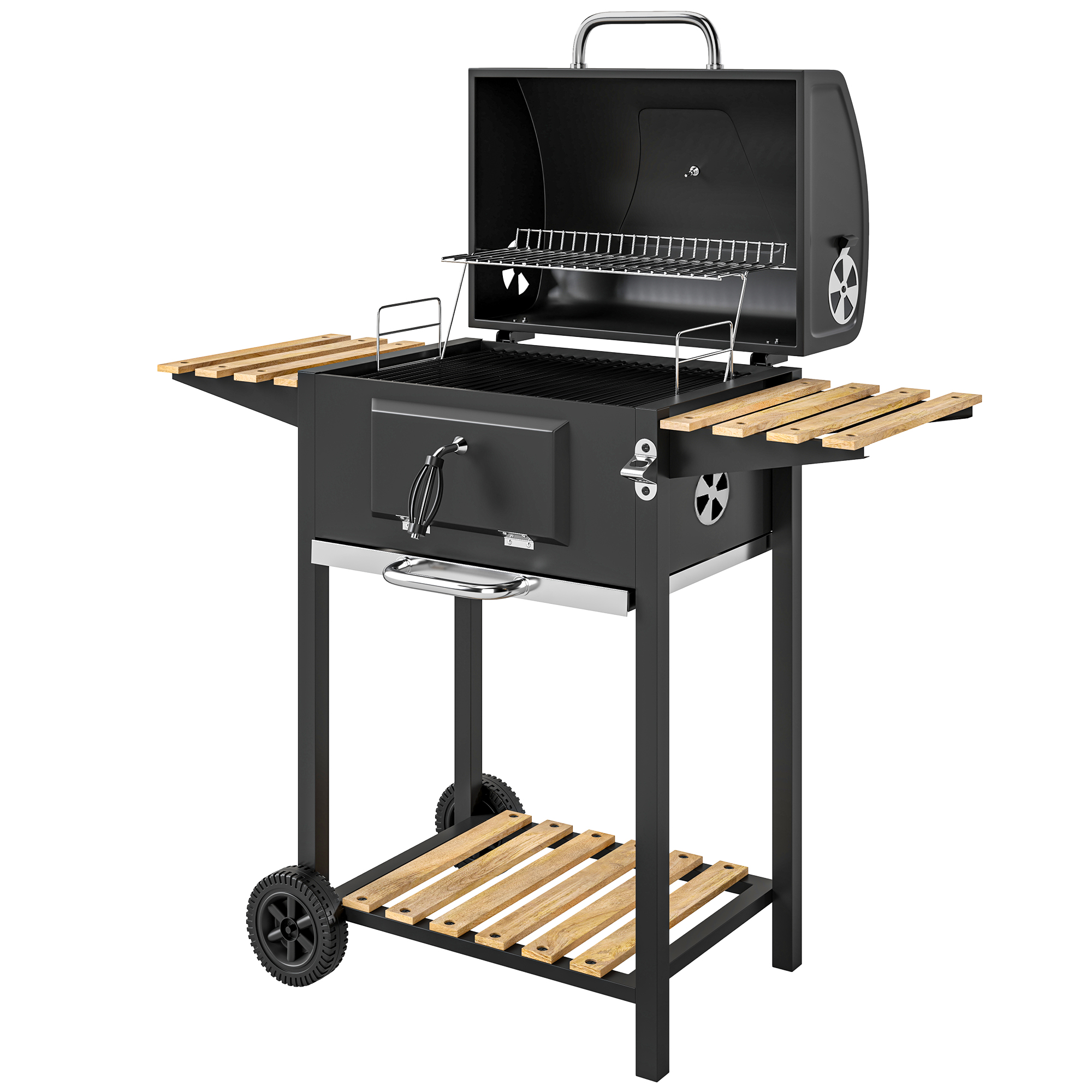 Outsunny Holzkohlegrill, höhenverstellbare Kohlenpfanne, Grillwagen, Regale, Thermometer, Flaschenöffner, Stahl, Holz, Schwarz