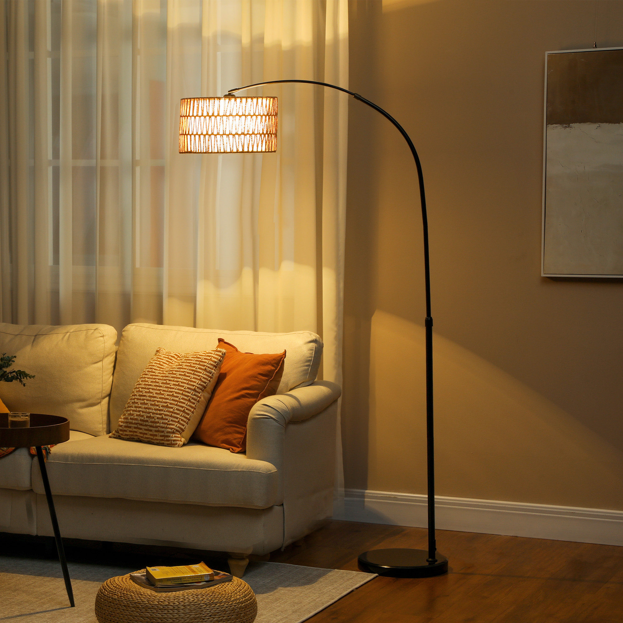 HOMCOM Stehlampe mit Hanfseil-Schirm, höhenverstellbar, Fußschalter, Metall, Schwarz
