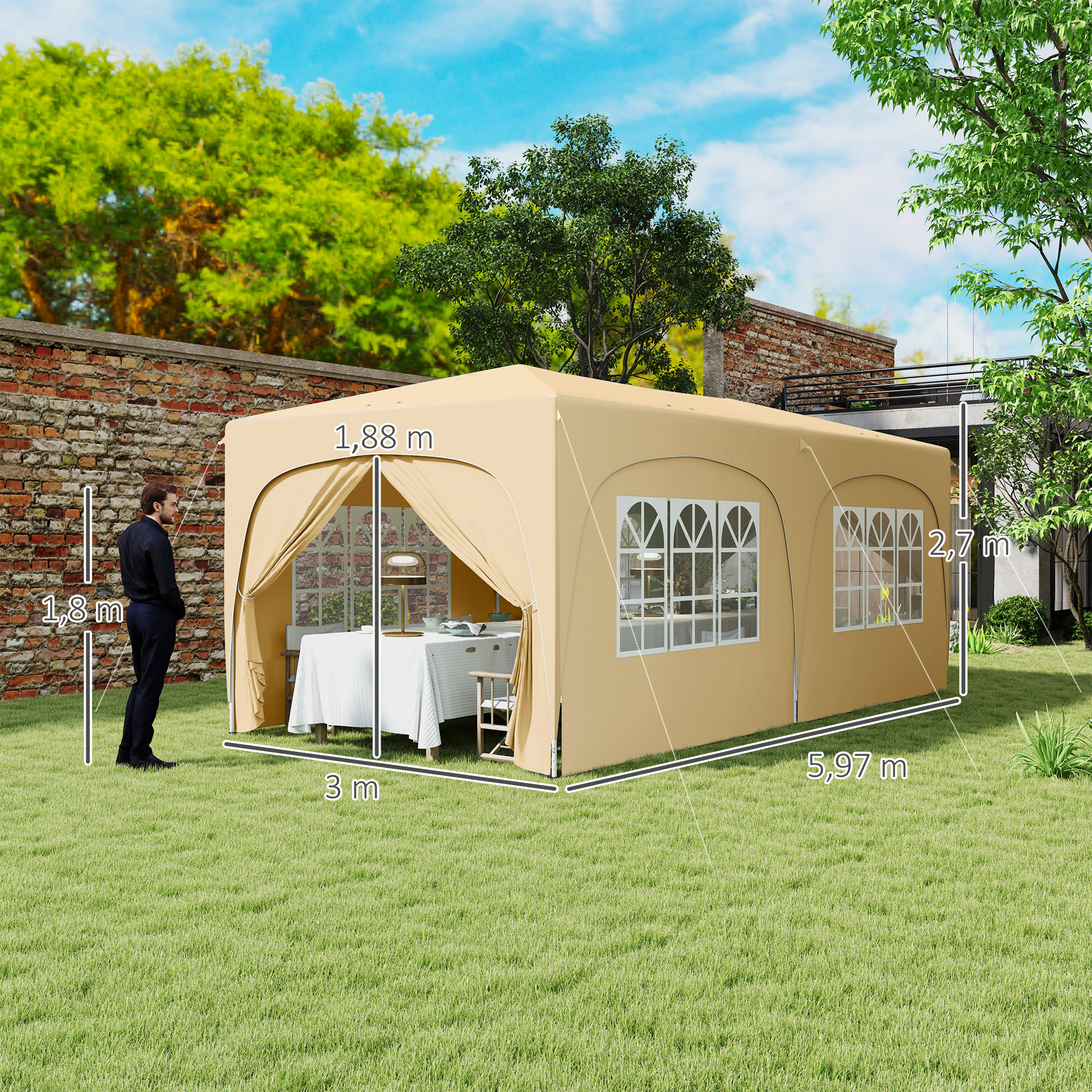 Outsunny 3 x 6 m Pop-up Paviljoen met Zijwanden, UPF50+ Hoogteverstelbaar Tuinpaviljoen met Draagtas en Zandzakken