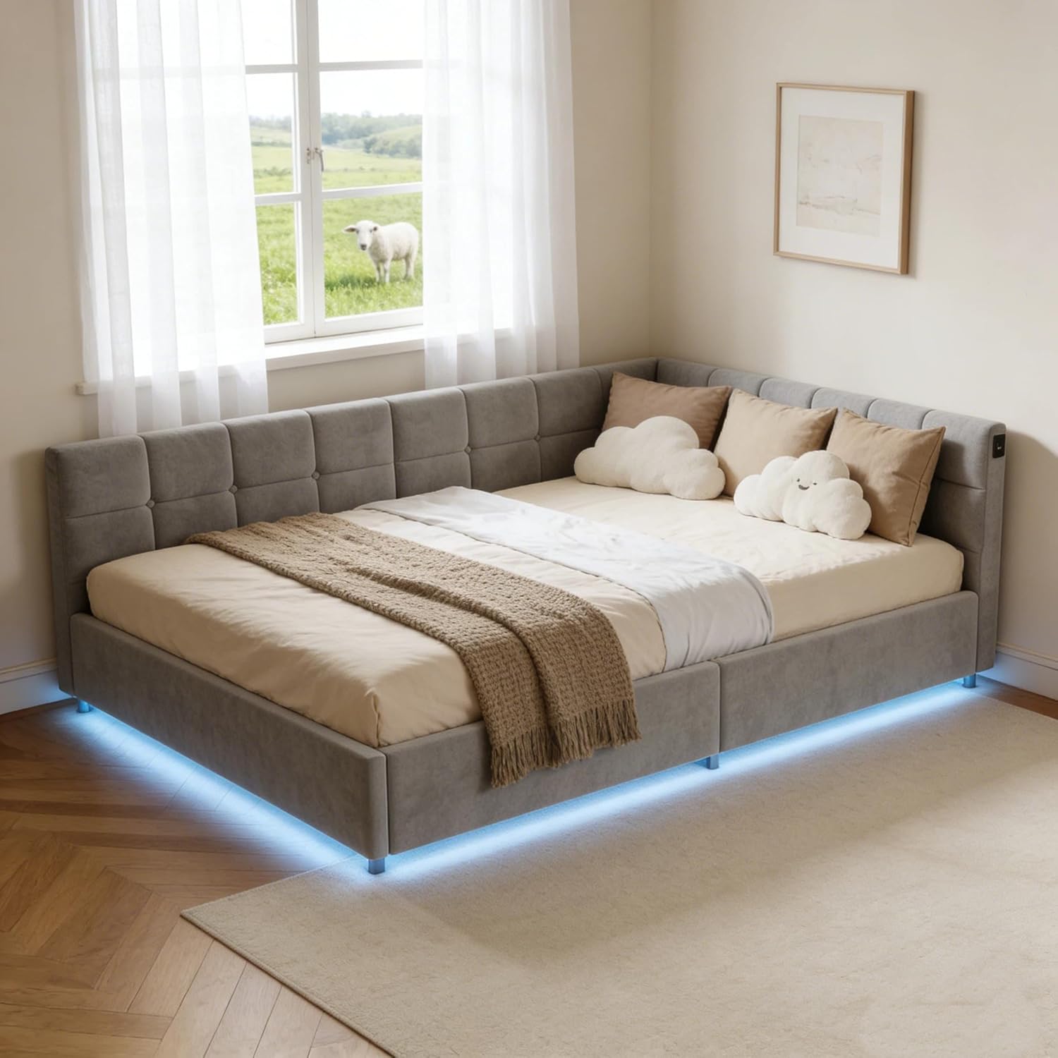 Einzelbett 90x200 mit Stauraum, Polsterbett mit LED/USB, Bettgestell mit Lattenrost und kopfteil, Bettrahmen für Jugendliche, Samt (Grau, 90 x 200 cm)