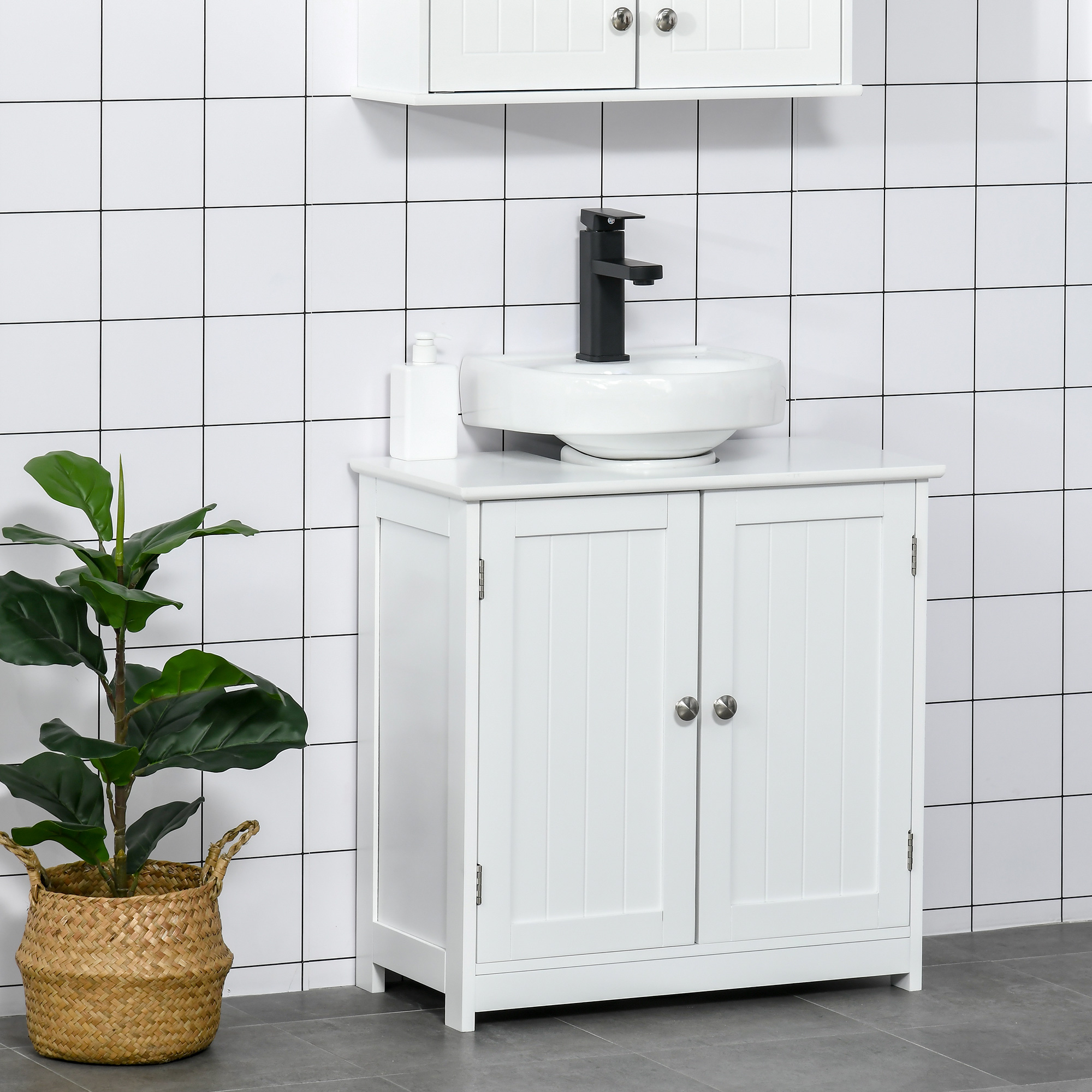 kleankin Badezimmerschrank unter Waschbecken - Unterschrank - Schrank 2 Türen mit Regal - Abmessungen 60B x 30T x 60H cm - in weißem Holz