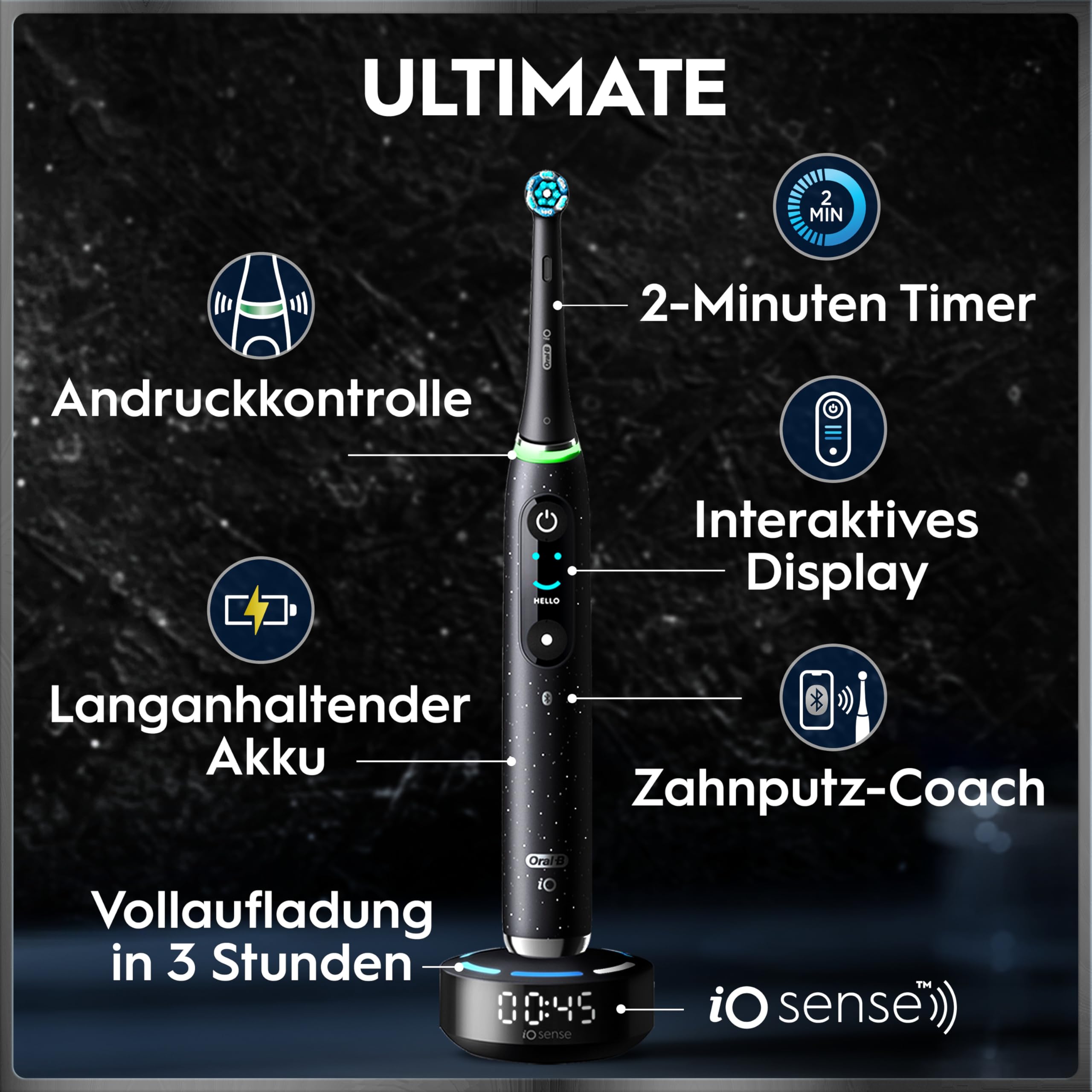 Elektrische Zahnbürste iO Series 10 mit iO Sense Ladestation, 3 Aufsteckbürsten, Lade-Reise-Etui und 7 Putzmodi in Cosmic Black