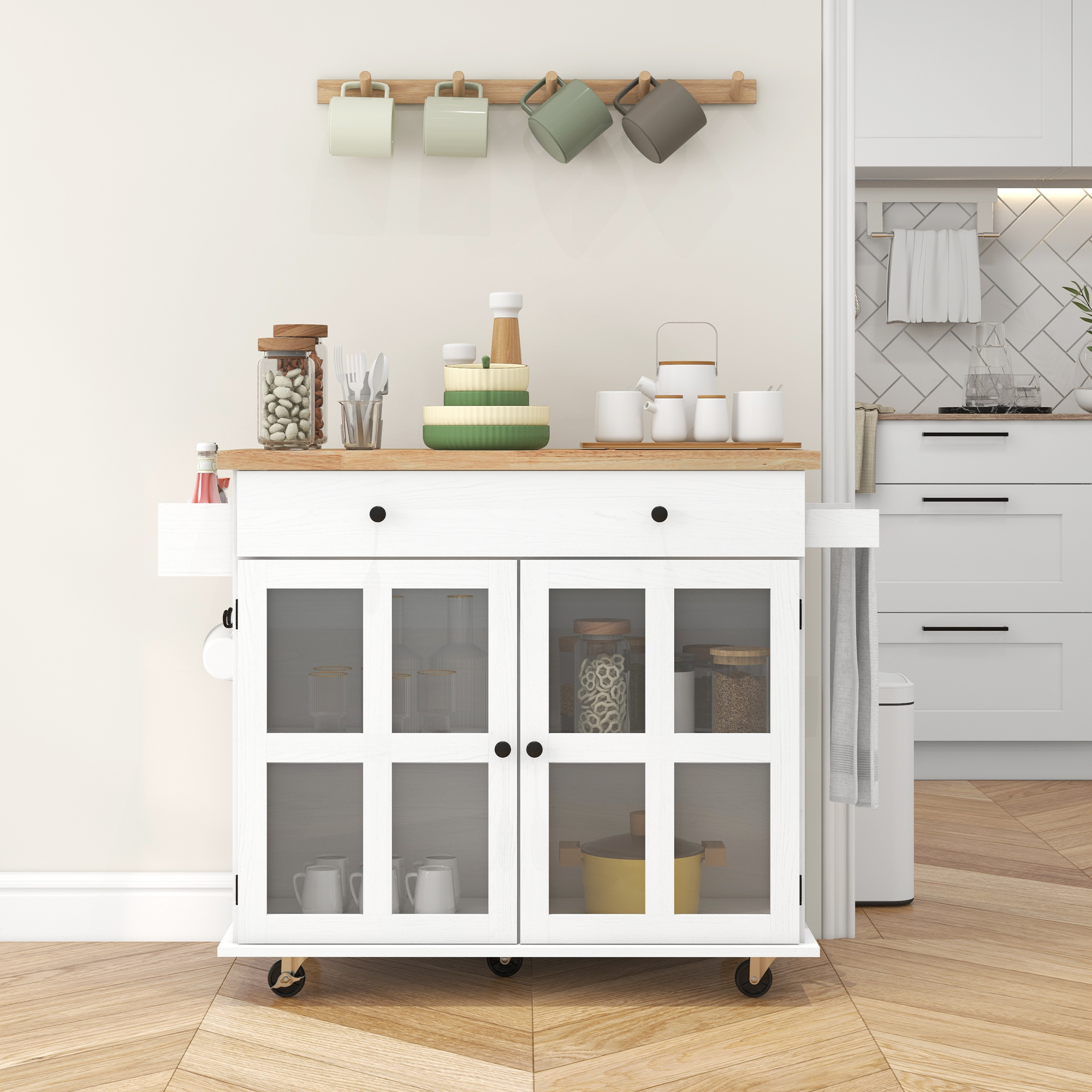 HOMCOM Kücheninselwagen mit Mehrfachlagerung, Schublade, Schranktüren Regal, 115,5L x 46,2B x 86,5H cm, weißes Kautschukholz