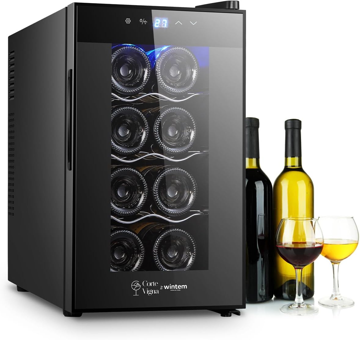 Avilia Cantinetta Frigo Silenziosa per Vini 8 Bottiglie 65W - Mini Frigo Termoelettrico con Display LED, Temperatura Regolabile 12-18°C, Auto Defrost - Cantinetta Vino Nera da 25L