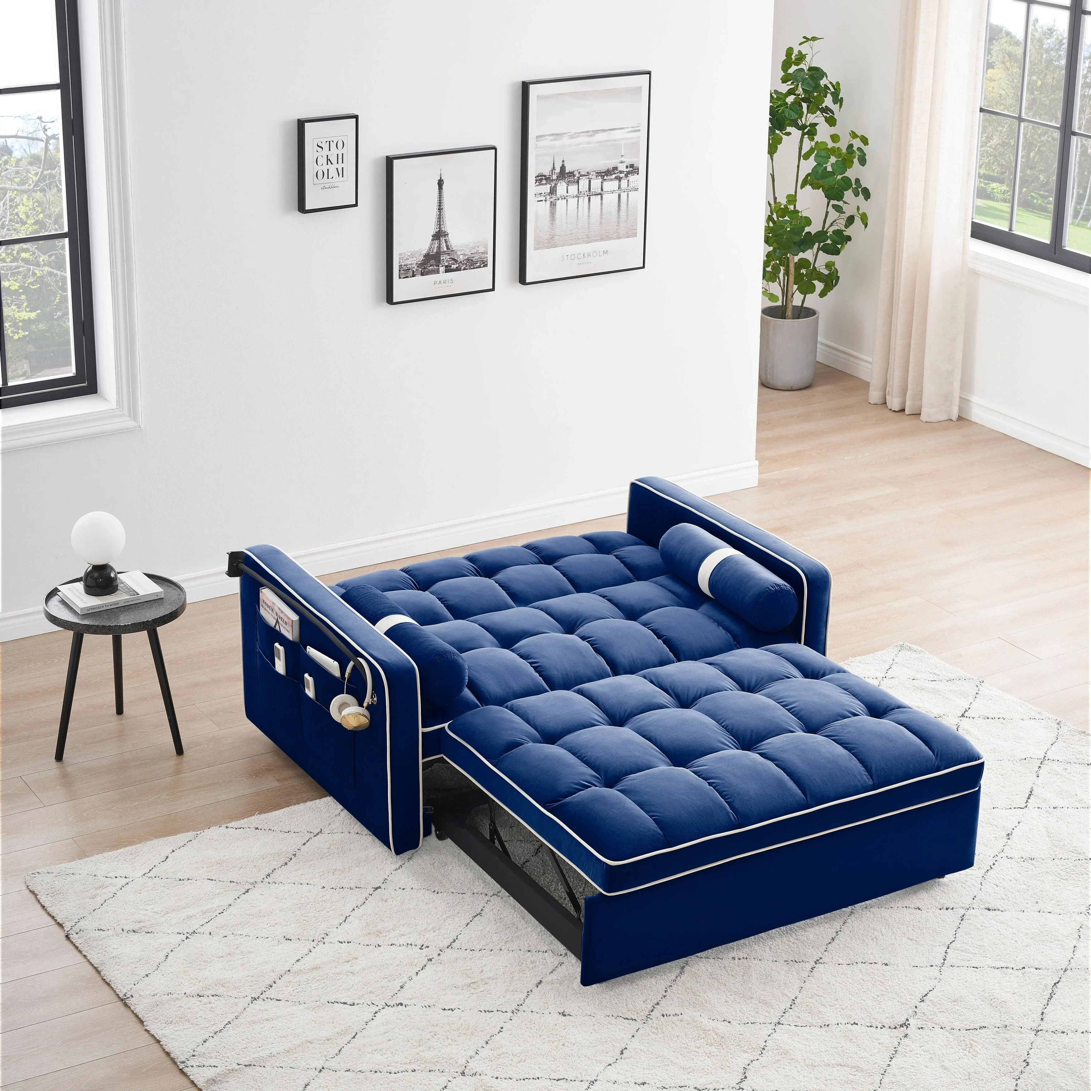 Velvet Convertible 55'' 2-Seater Sleeper Sofa with Pull-Out Bed, Adjustable Recline, Side Pockets, and Phone Holder