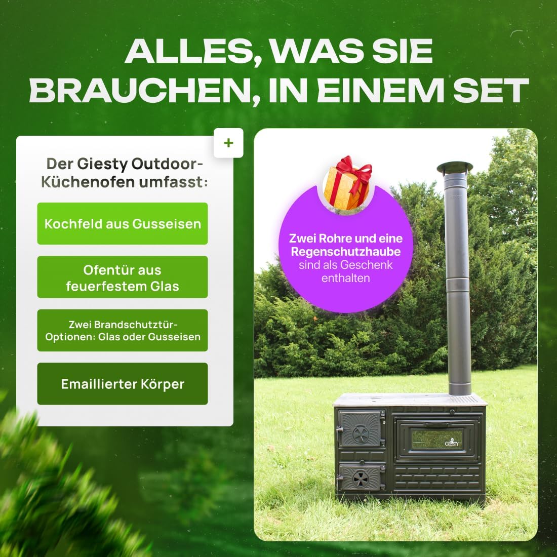 Outdoor-Küchenofen Terrassenofen, Holzofen mit Holz und Holzkohle, Garten-Kamin, Outdoor-Küchenherd, Kuzine Soba (Gusseiserne Tür+2 Rohre)