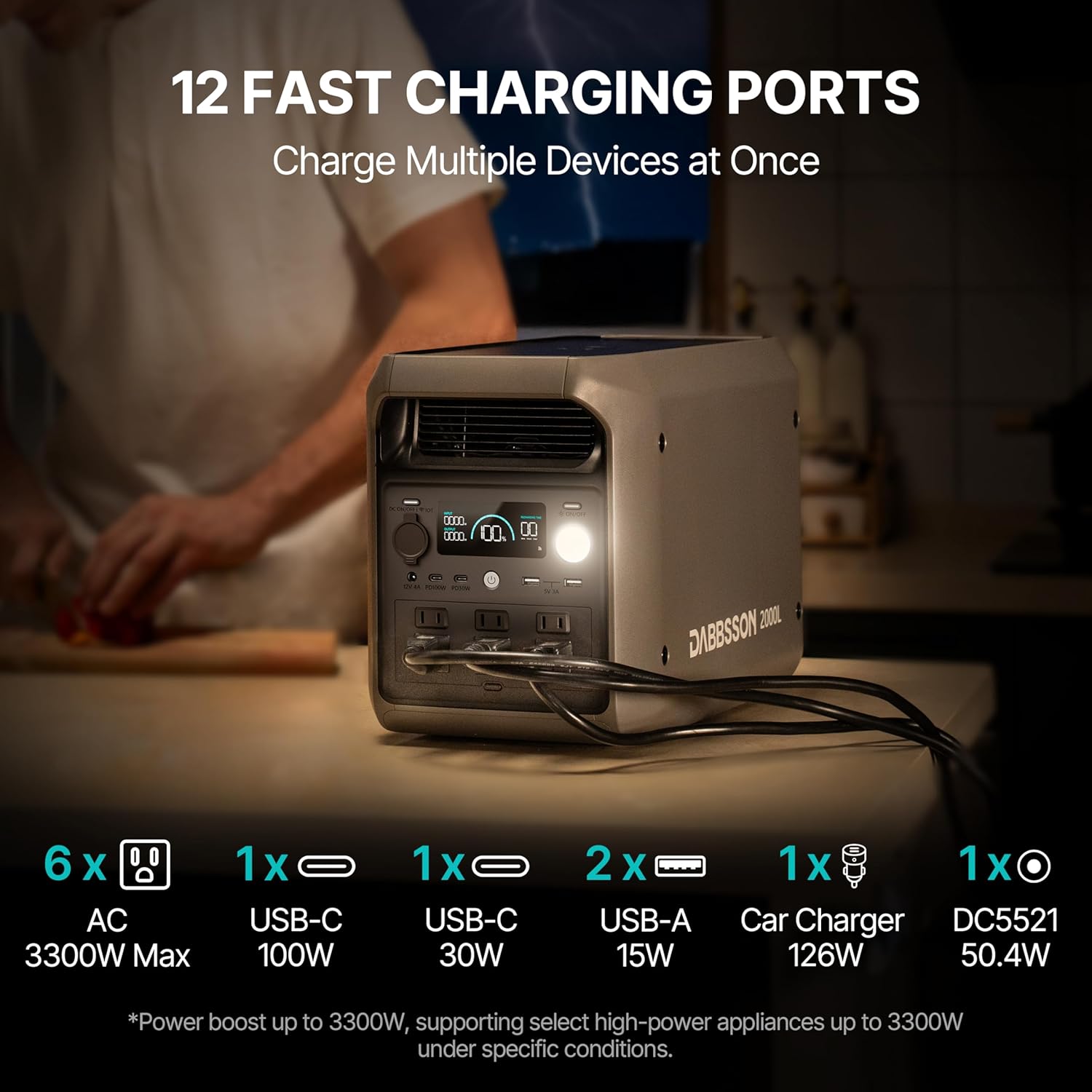 DABBSSON 2048Wh Portable Power Station  Safe Semi-Solid LiFePO4  3300W Power Boost  2200W AC Output ×6  41lb Compact & Lightweight  1.3X Runtime  2000L Solar Generator for Camping/Home/RV