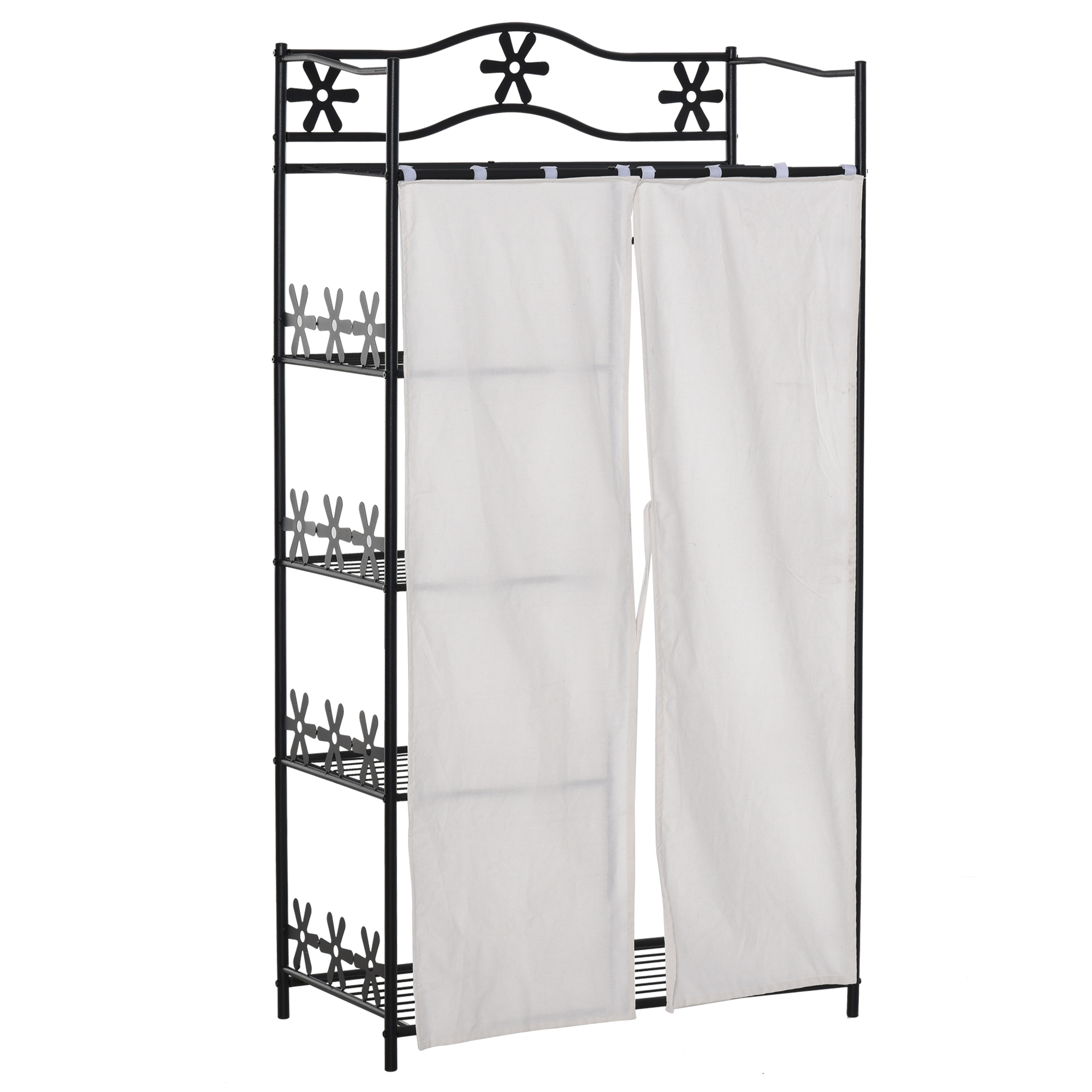 HOMCOM Kleiderschrank Multistauraum 5 Regale 84L x 42B x 159H cm Metall Schwarz Blumenmuster 2 Weiße Vorhänge