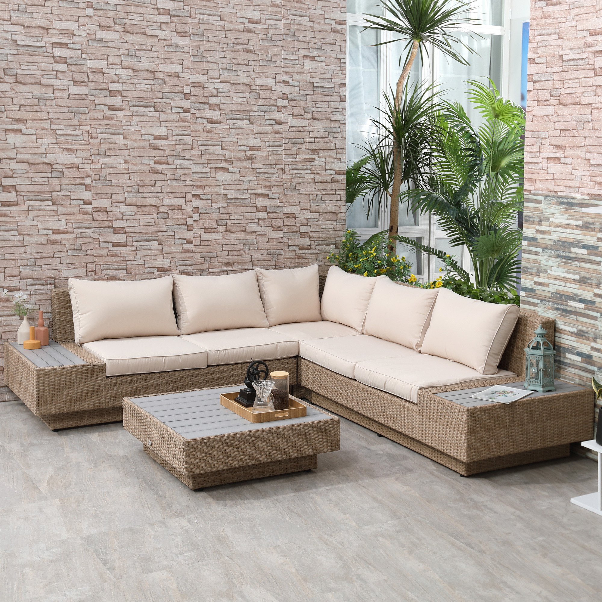 poly-rotan tuinmeubelen 4-delige loungeset zitgroep set met aflegvlakken