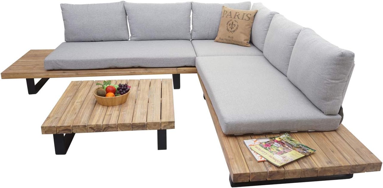 Mendler HWC-H54 Outdoor Garden Living Room Set Acacia Wood Aluminium Light Brown with Light Grey Cushions