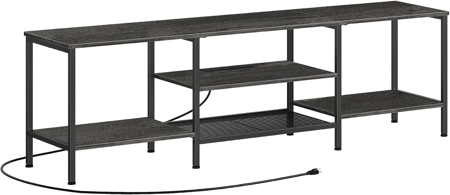 Mueble para TV con Enchufes Integrados para TVs de hasta 75 Pulgadas, Mesa Consola con Estantes Abiertos, Centro de Entretenimiento Industrial para Sala o Dormitorio, Color Marrón Rústico y Negro BF60DS01