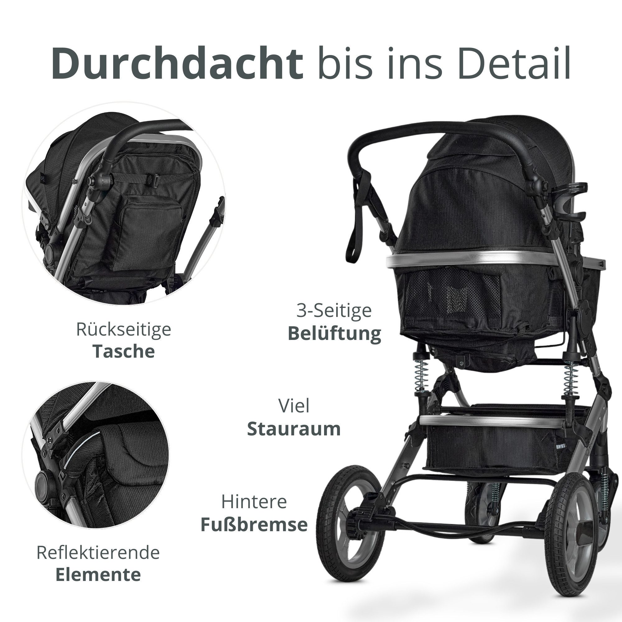 Kombi-Kinderwagen EXQUISE 2.0 Kinderwagen 3-in-1 SCHWARZ/SILBER BUGGY, AUTO-BABYSCHALE