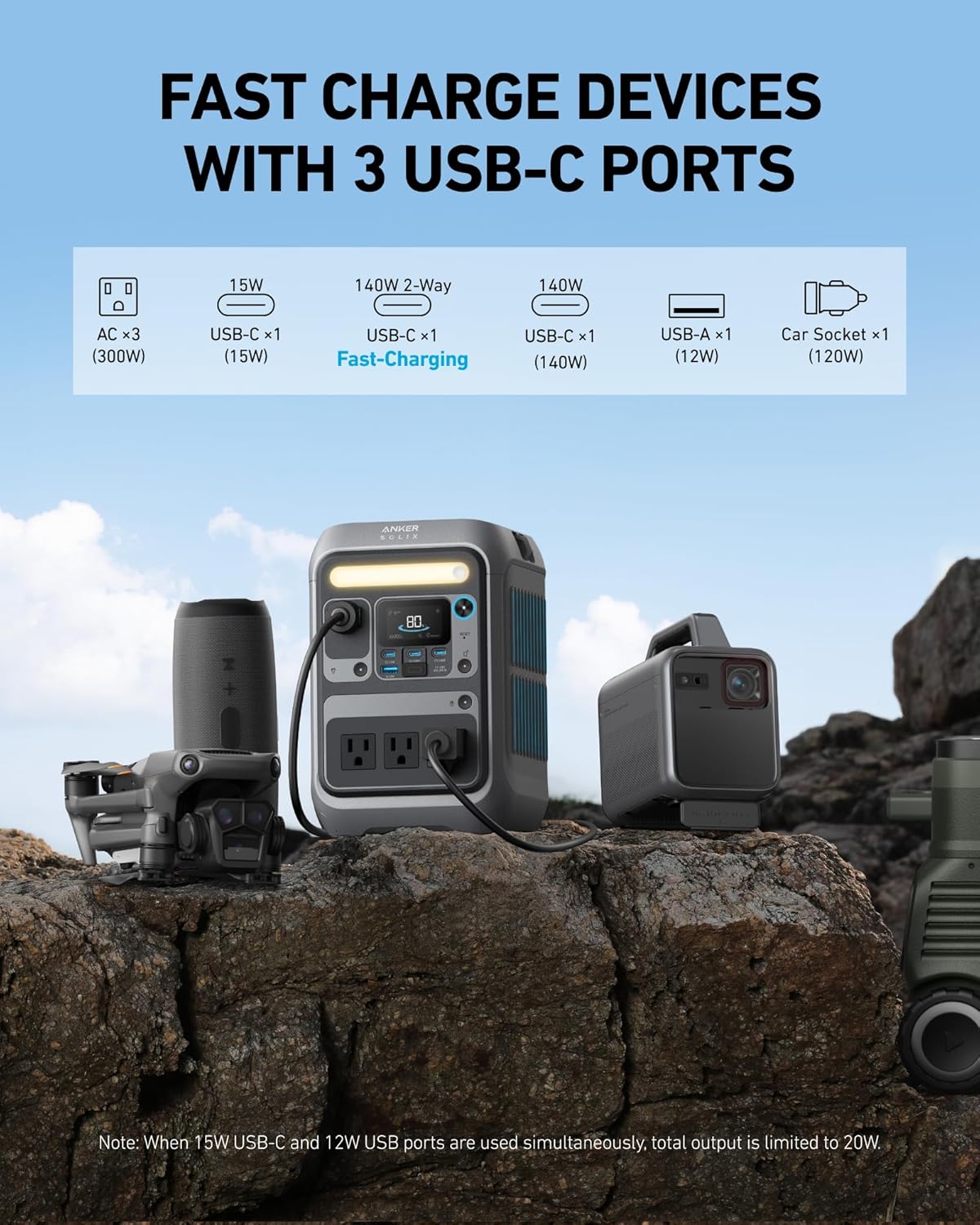 Anker Solar Generator SOLIX C300 with 60W Solar Panel  288Wh Portable Power Station  300W (600W Surge)  LiFePO4 Battery  140W Two-Way Fast Charging  for Outdoor Camping  Traveling  and Emergencies