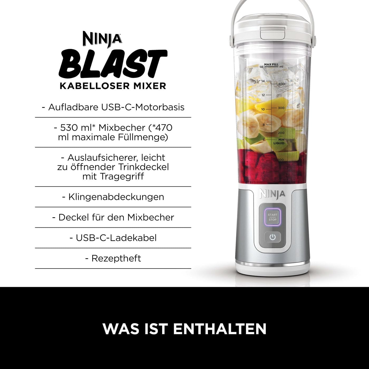 Ninja Blast Tragbarer Mixer / Blender / Smoothie Maker, 530ml Becher, Auslaufsicherer Deckel, Leistungsstarker Mini Standmixer, Kabellos & Wiederaufladbar, Zerkleinert Eis & Obst, Schwarz, BC151EUBK