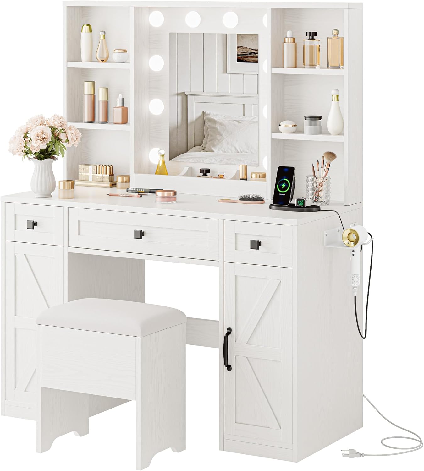 IRONCK White Vanity Desk with Mirror & Lights, Farmhouse Makeup Vanity Table with Adjustable 3 LED Modes, Charging Station, 3 Drawers & Storage Shelves, Stool Included