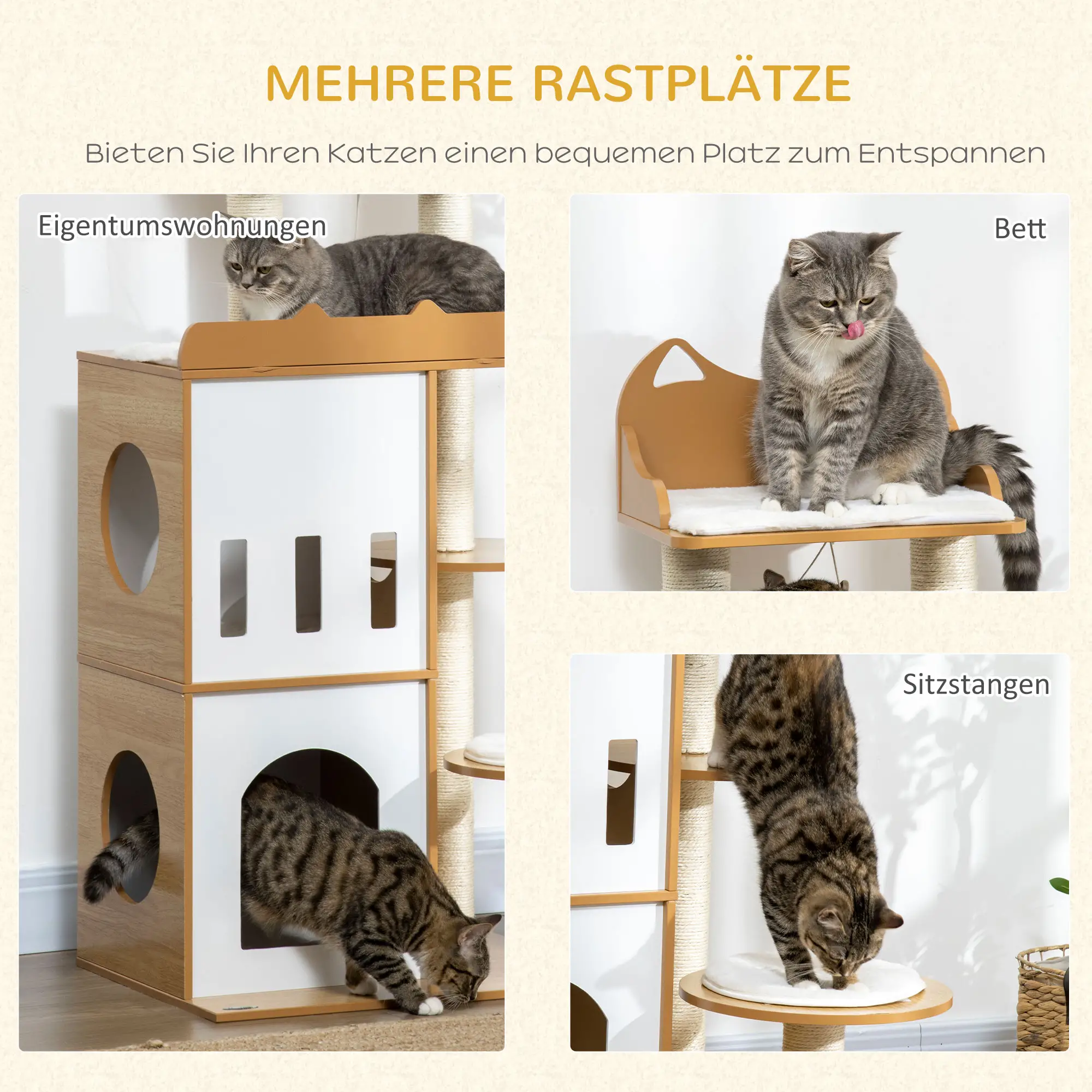 PawHut Krabpaal Kattenmeubel met Sisal Krabpalen en Speelbal Eiken Wit
