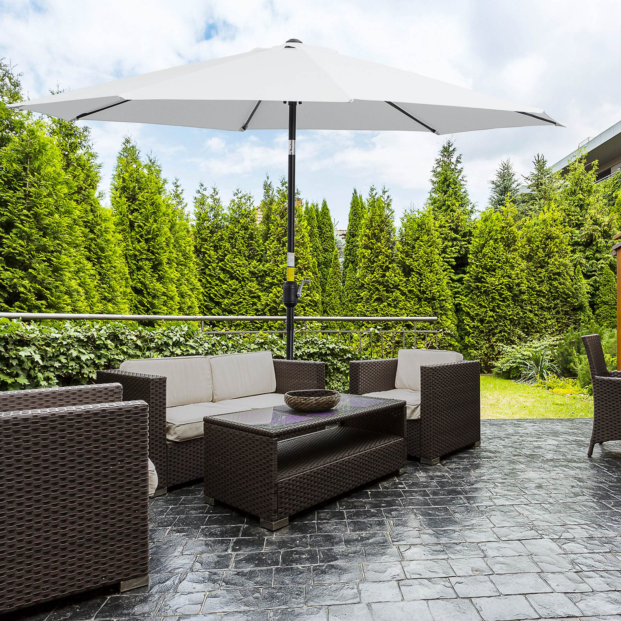 Outsunny Garten-Sonnenschirm Balkon-Sonnenschirm neigbar Ø 3 m Metall Rund Polyester 180g/m² Kurbel neigbar Weiß