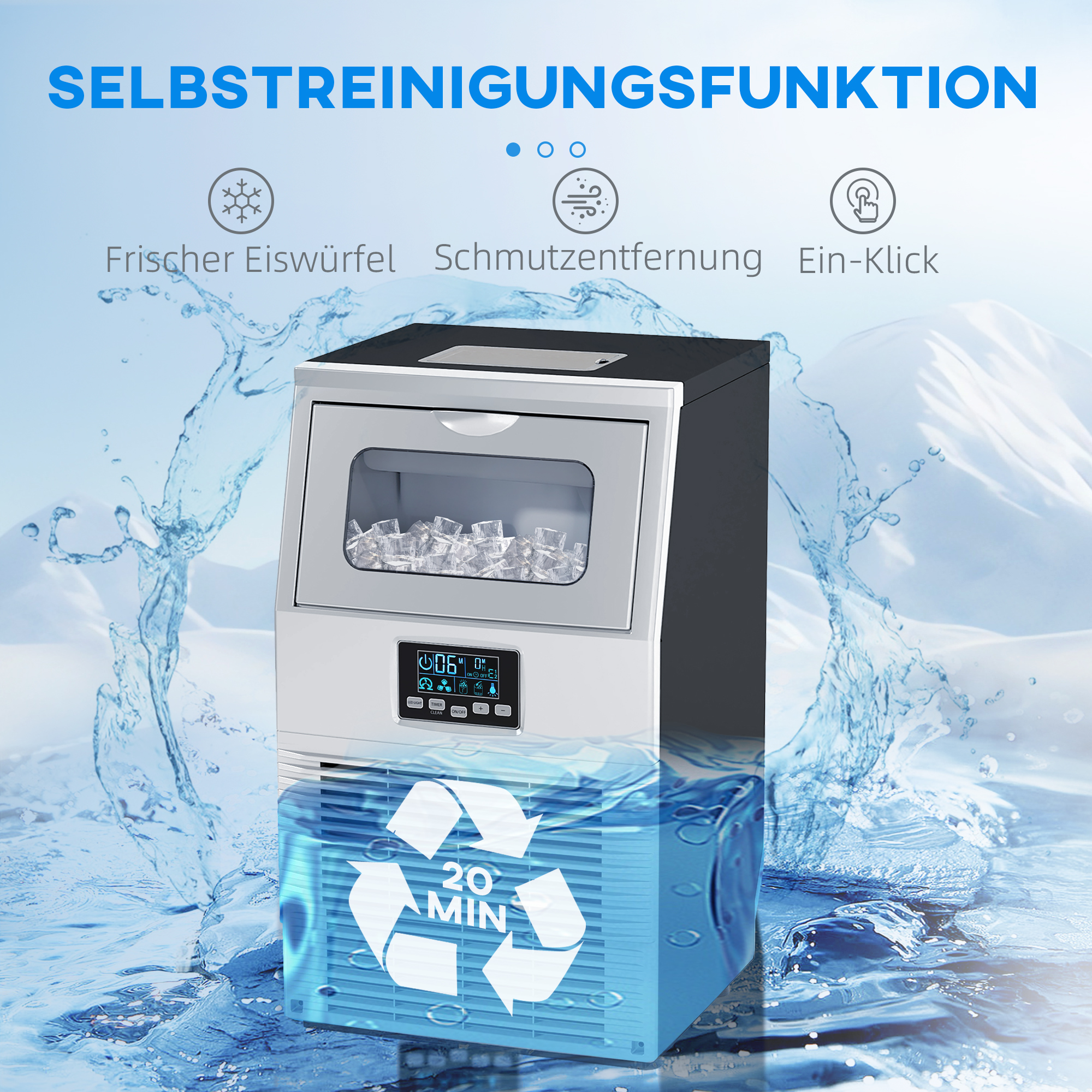 Commerci?le IJsblokjesmachine, LED-Verlichting, Makkelijk Afleesbare Displays, inclusief Schep, Zilver