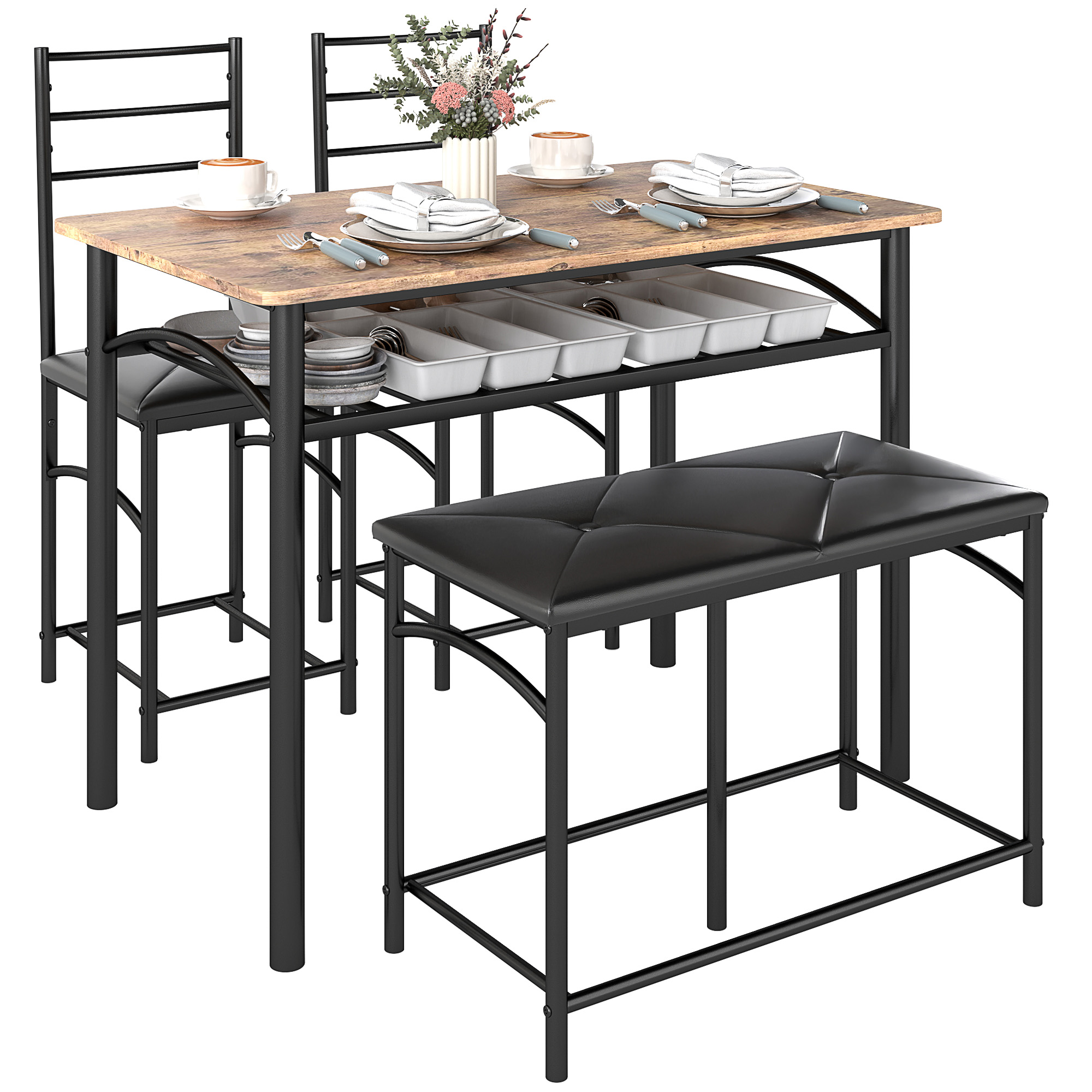 HOMCOM 4-teiliges Esszimmer-Set, Platzsparendes Set aus Tisch, 2 Stühlen und Bank, für kleine Räume, Metall, Holz, Braun