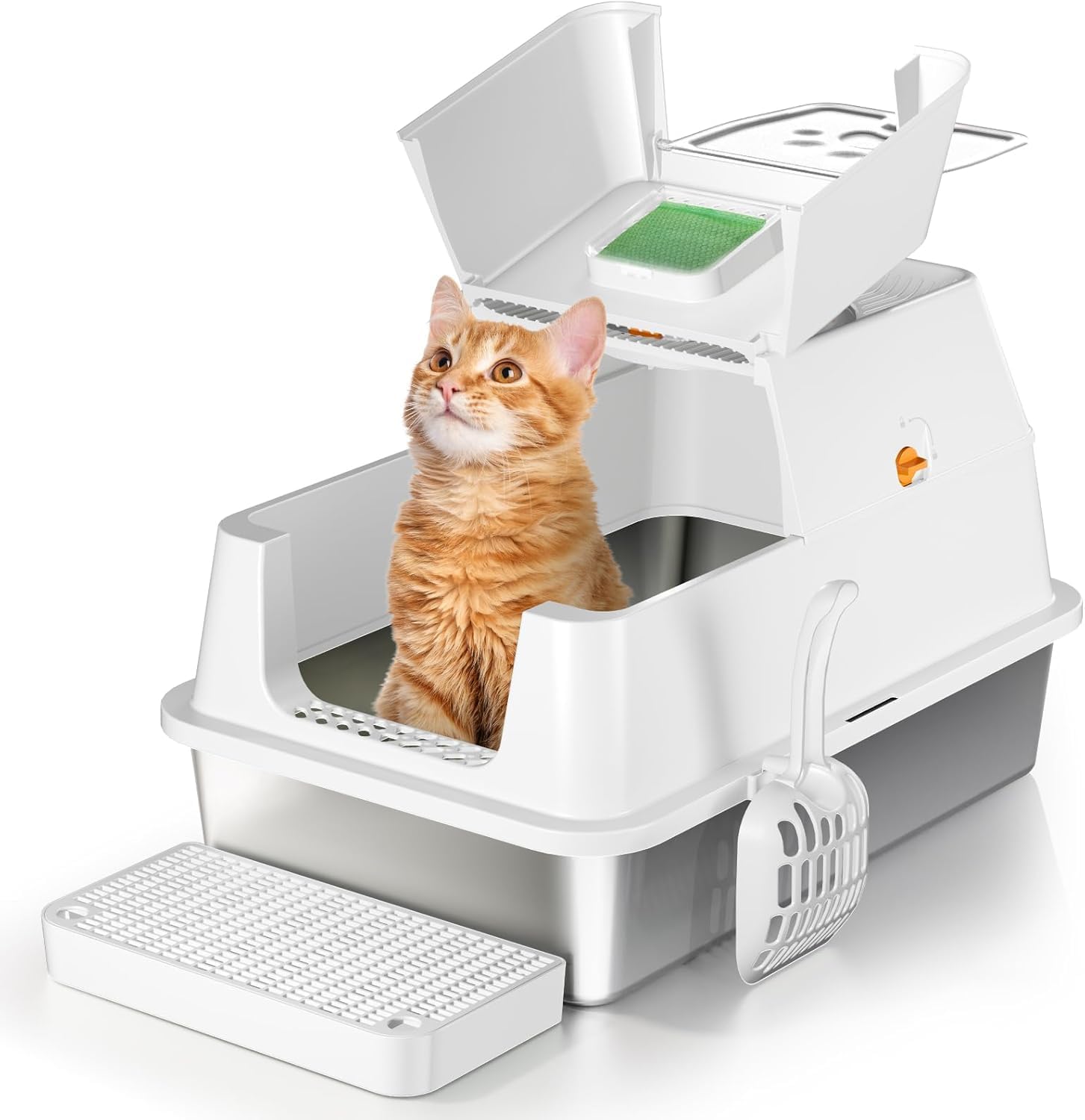 Lettiera per Gatti in Acciaio Inox, Lettiera Gatto Chiusa XXL, Lettiera Gatto Grande con Pala in Metallo, Doppio Strato Opaco Toilette per Gatti Grande - Grigio