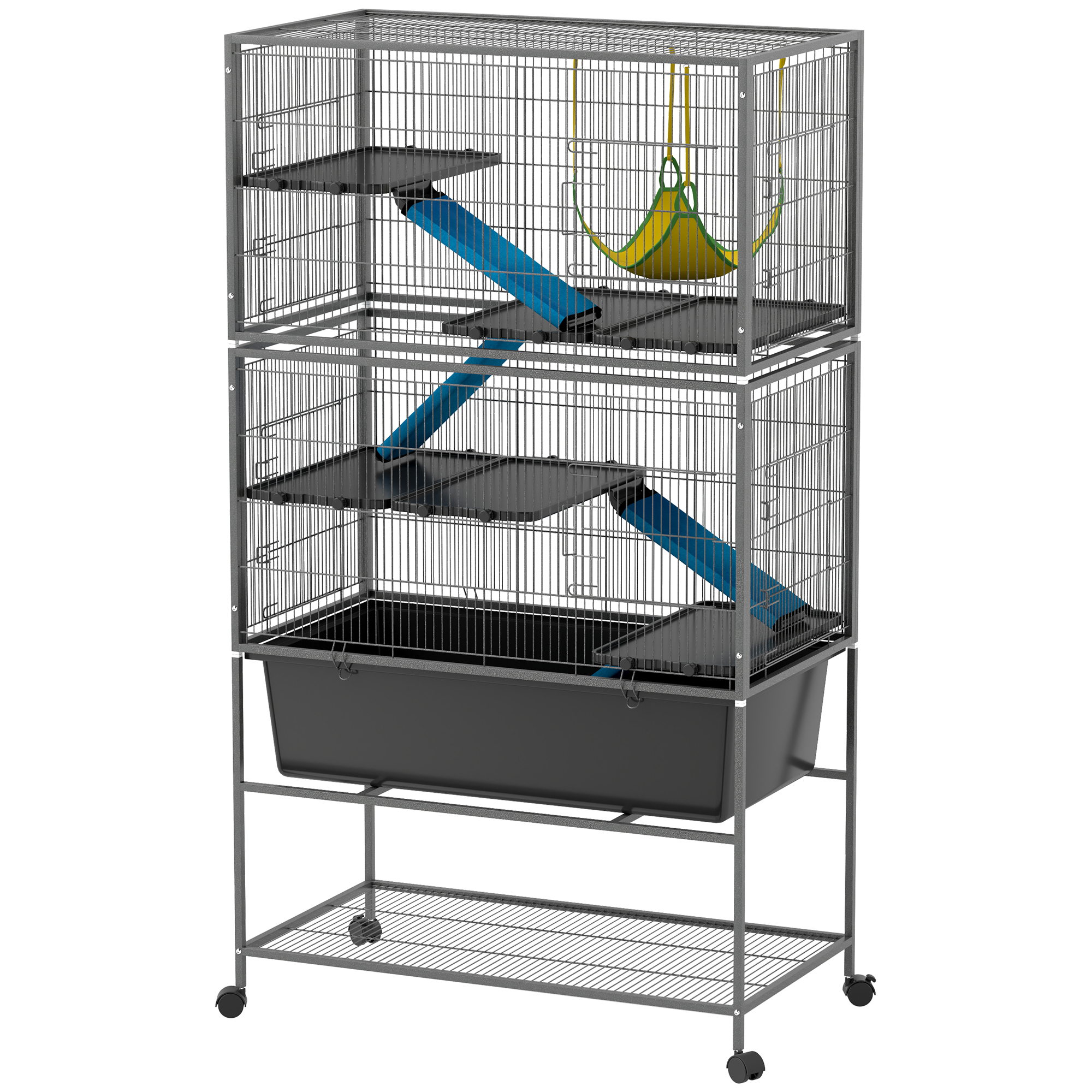 PawHut Kleindierenkooi, Huisdierkooi met 5 Niveaus, Anti-Slip Rampen, Hangmat, 88 x 48 x 150,5 cm, Donkergrijs
