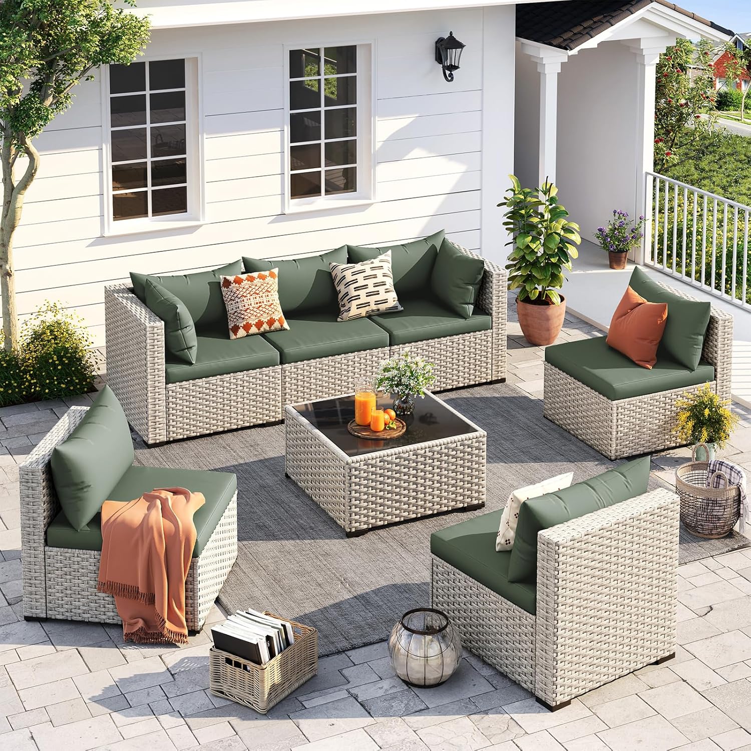 UDPATIO Outdoor Patio Furniture Set. 7-Piece PE Wicker Sectional Sofa with Tea Table. Outdoor Conversation Set for Patio. Garden. Backyard Green