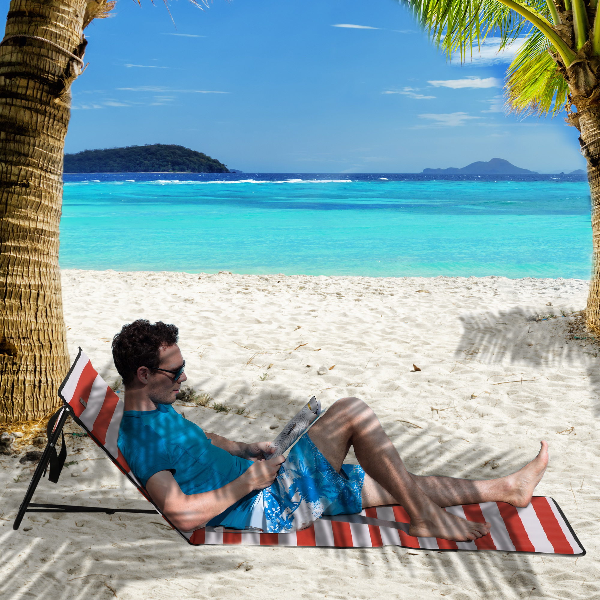 Outsunny Strandliege, klappbar, verstellbare Rücklehne, Seitentasche, weiche Polsterung, Stahlrahmen, Rot, 142x51x40cm