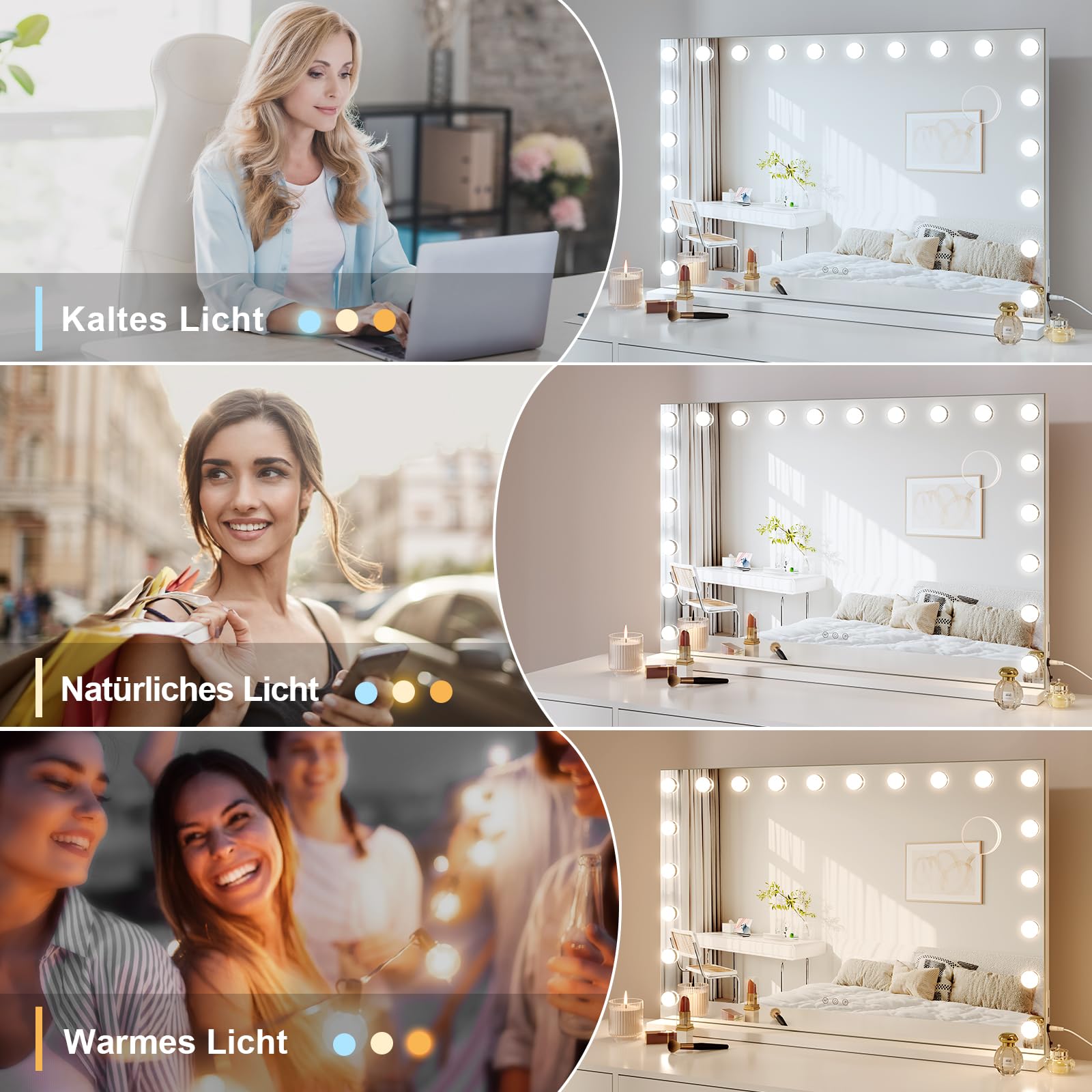 Dripex Hollywood Schminkspiegel 20 Lampen 3 Farbtemperaturen Touch 90x60 cm Weiß Aufstellung Wandmontage