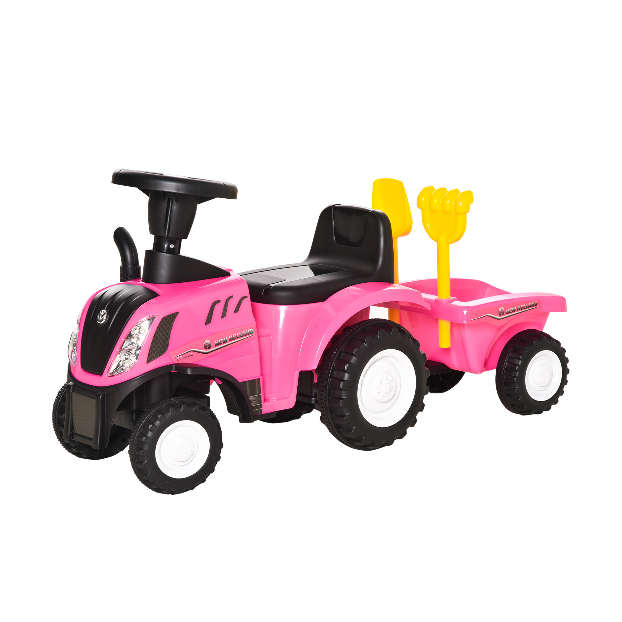 HOMCOM Rutschtraktor für Kinder mit Anhänger, Rechen und Schaufel, Pädagogisches Spielzeug für Kinder von 12-36 Monaten, 91x29x44cm, Rosa
