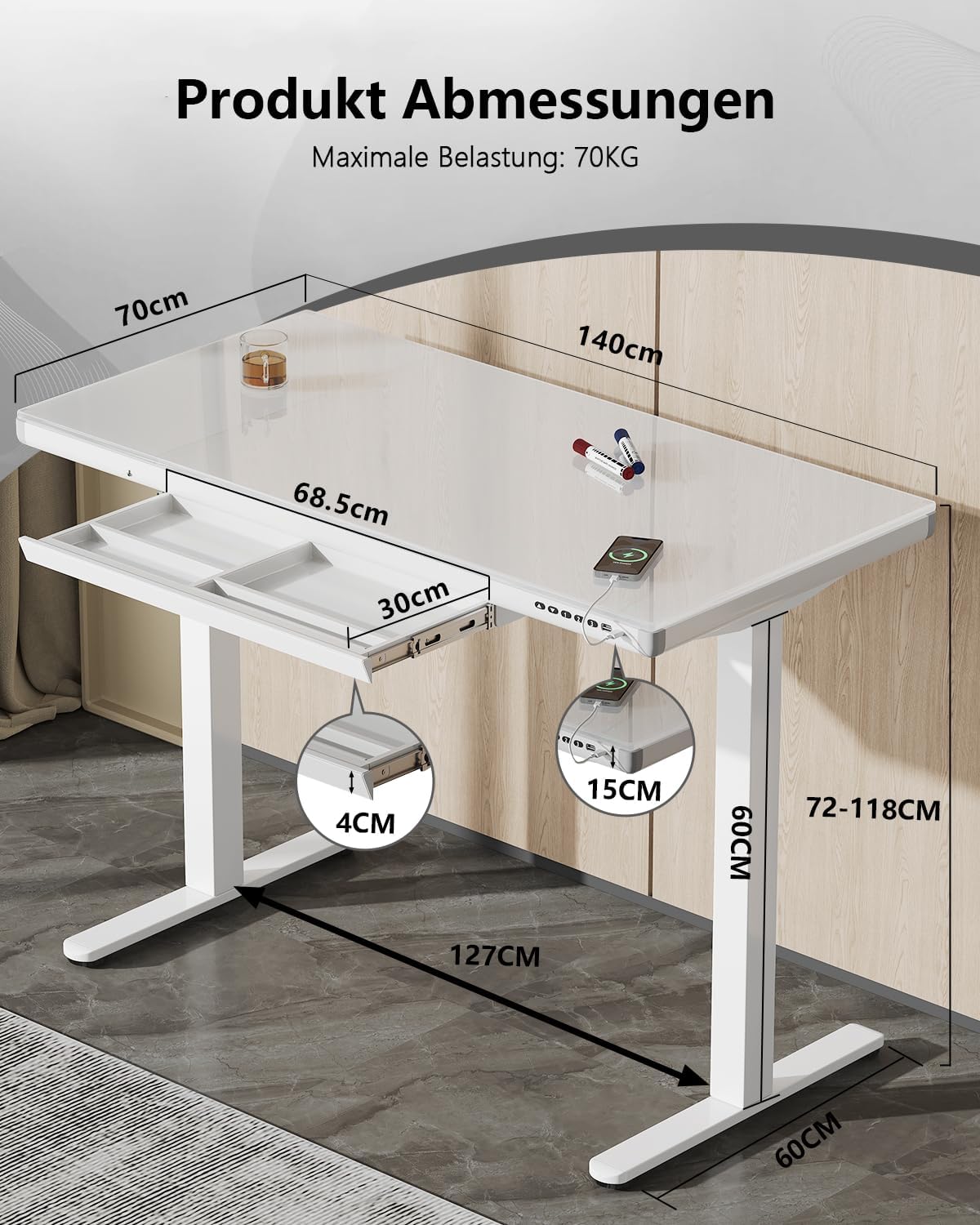 Homall Scrivania regolabile in altezza, 140 x 60 cm, scrivania con cassetti, scrivania elettrica con ricarica USB e tipo C, scrivania in piedi ergonomica (bianco)