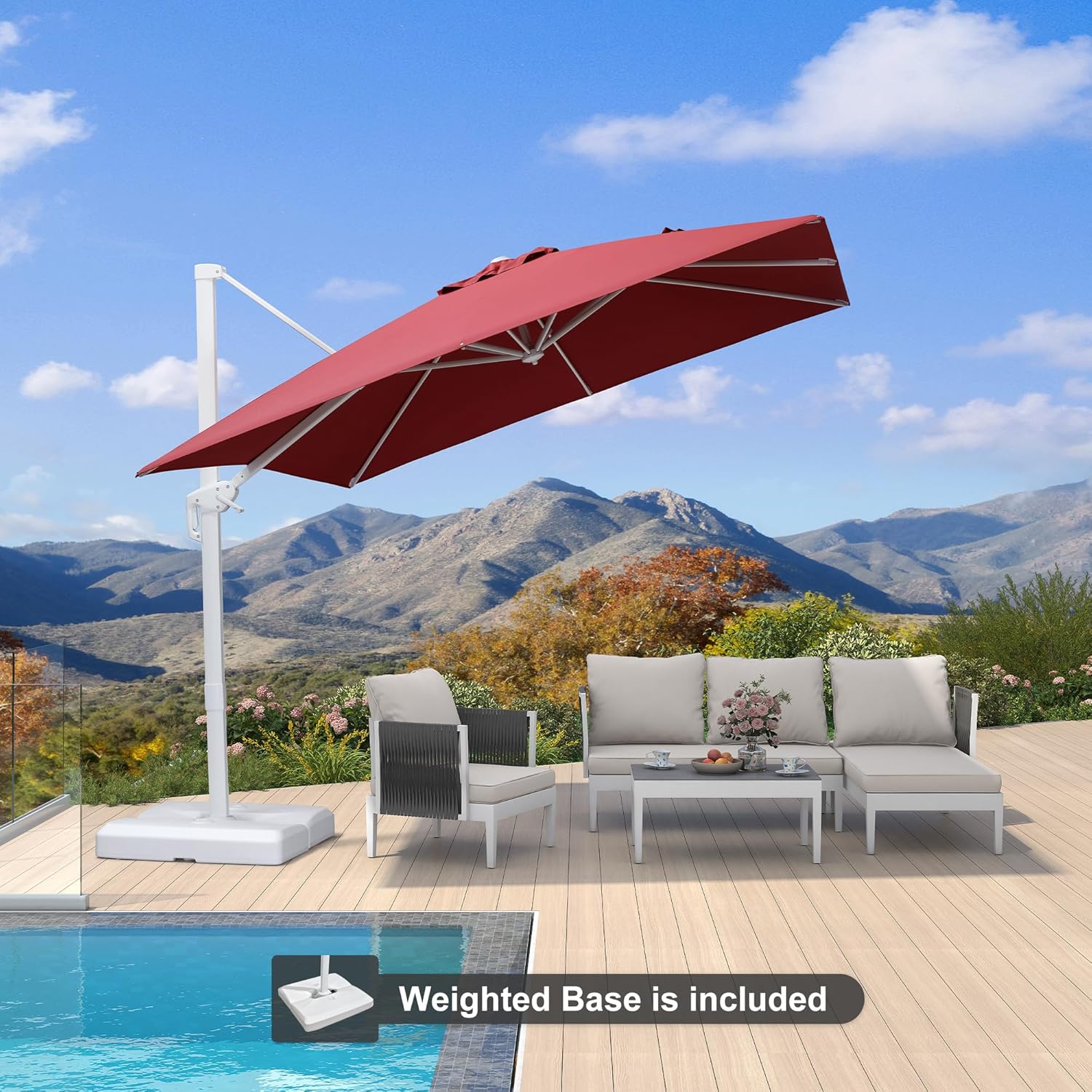 PURPLE LEAF 9 FT Patio Umbrella With Base White Cantilever Umbrella Square Outdoor Offset Umbrella Windproof with 360° Rotation for Garden Deck Pool, Ruby Red