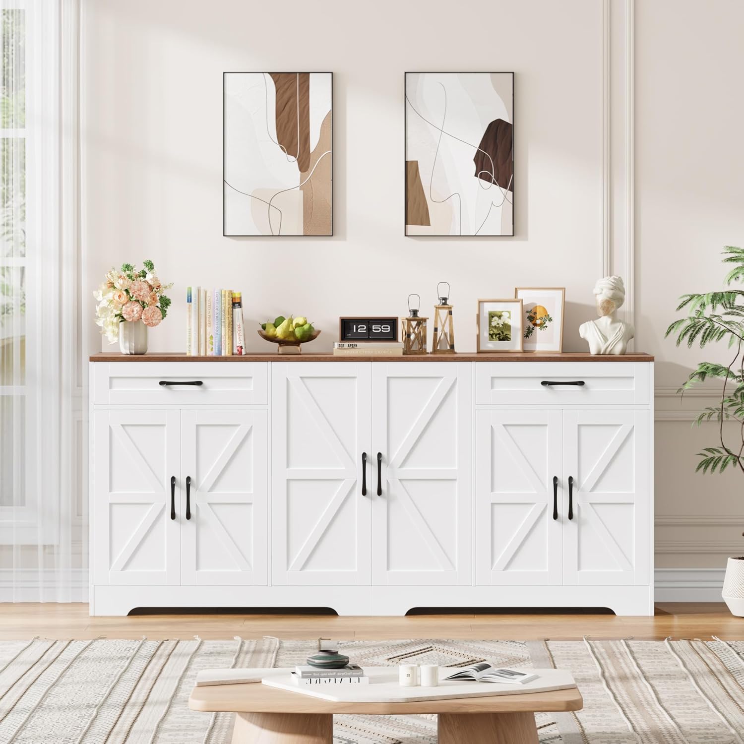 HOCSOK Sideboard, 180cm Breit Küchenschrank mit Arbeitsplatte, Sideboard Küche mit 6 Türen und 2 Schubladen, Anrichte Küchenbuffet Buffetschrank mit Verstellbare Regal für Wohnzimmer, 180×87×34 cm