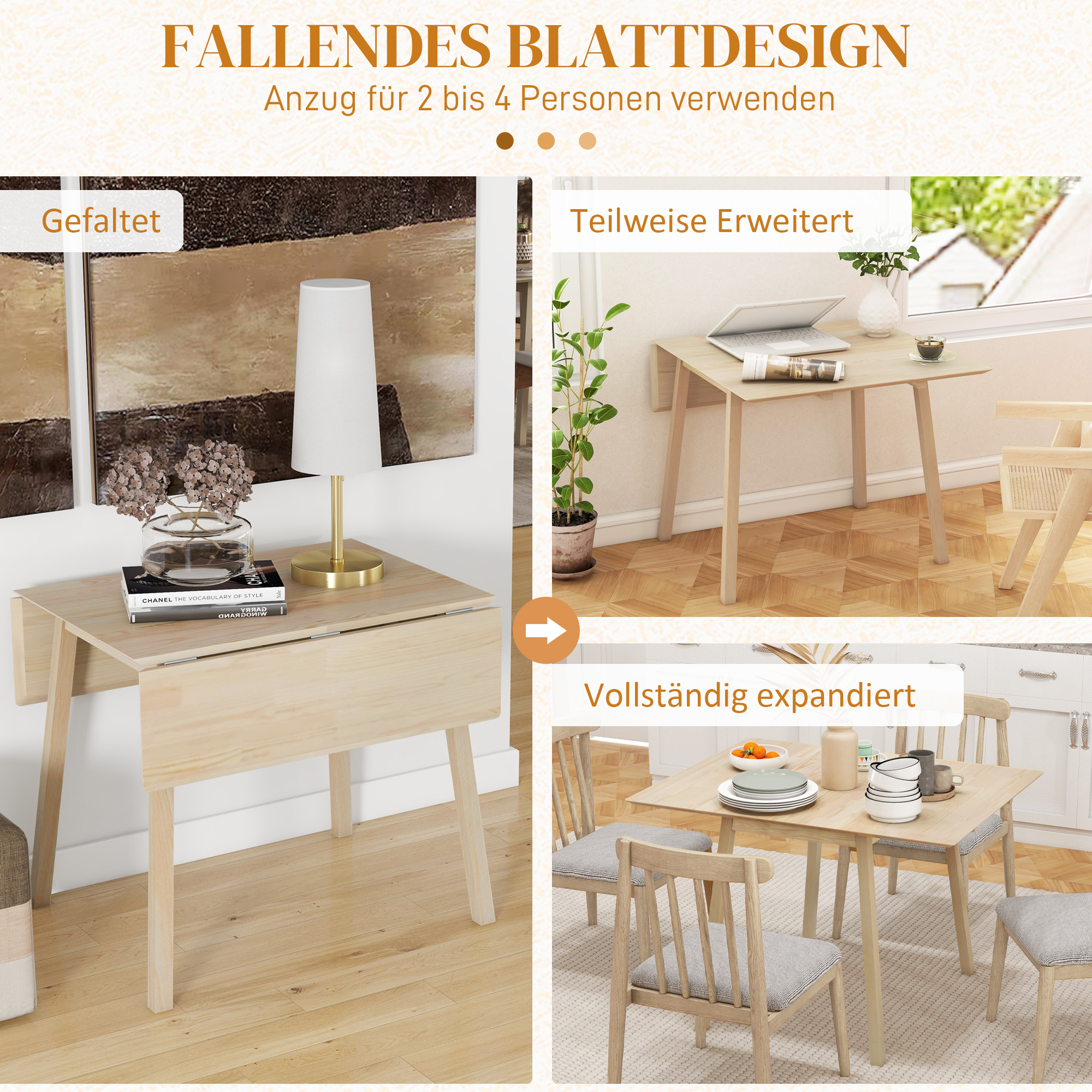 Eettafel Klaptafel Keukentafel, 2 inklapbare zijden, 110 x 86 x 75 cm, Naturel