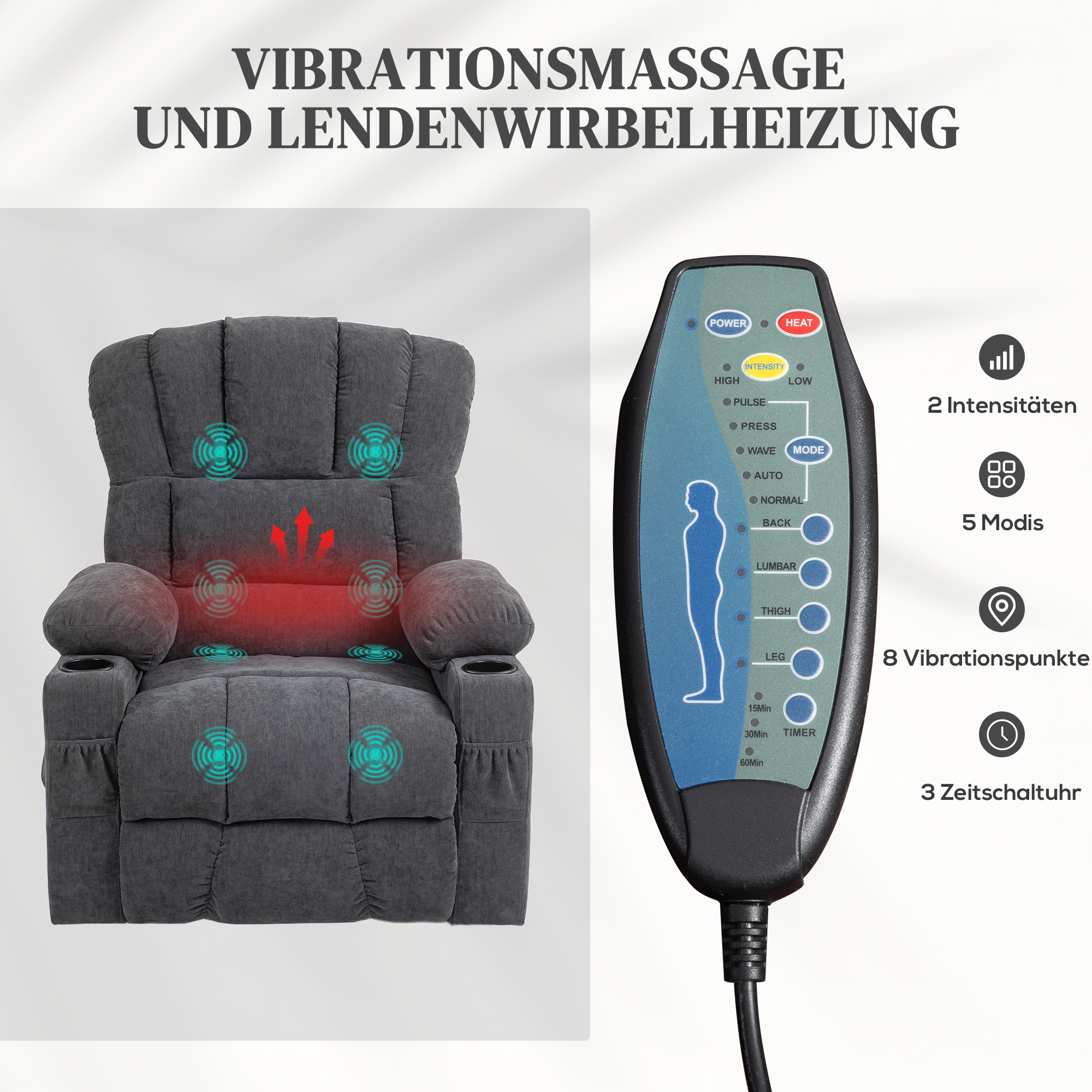 Elektrische Power Lift Sta-op-Stoel met Massage- en Verwarmingsfunctie, USB-Aansluitingen, Bekerhouders, Donkergrijs