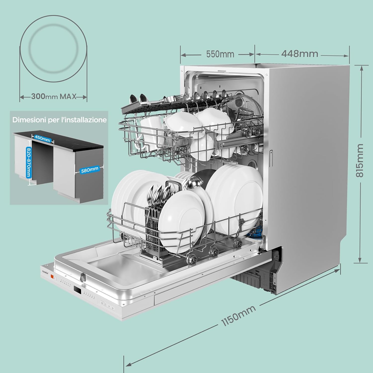 CDWEB914S-W Lavastoviglie da Incasso con 10 coperti, 8 Programmi, di avviamento ritardato, Funzione di Mezzo Carico, cloud wash, Asciugatura Extra - Inox