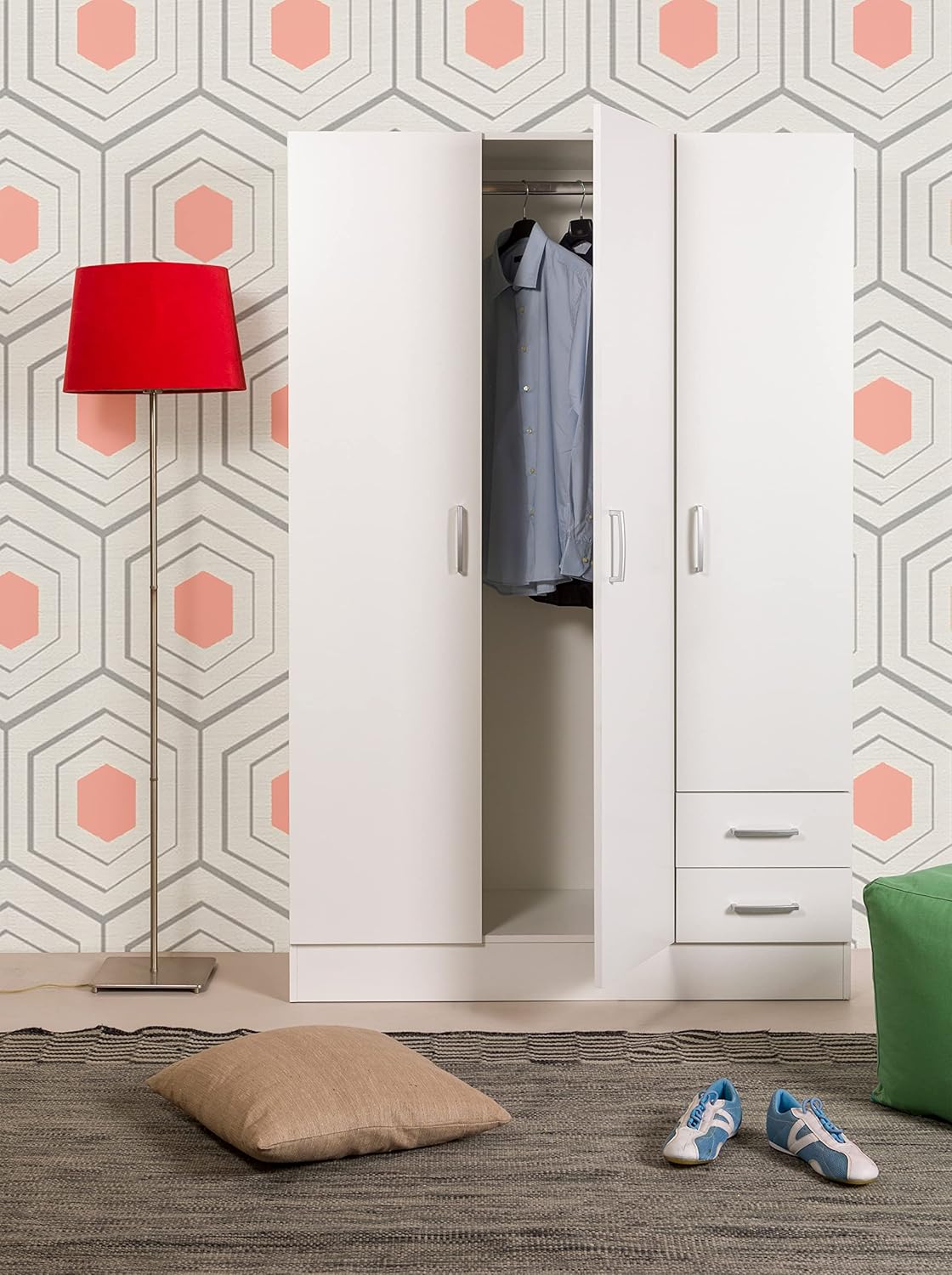 COMPOSAD | Easy Line Wardrobe with 3 Doors and 2 Drawers, Bedroom, Wardrobe with Doors, Dimensions (WxHxD) 119.5 x 184.5 x 46 cm, White, Made in Italy