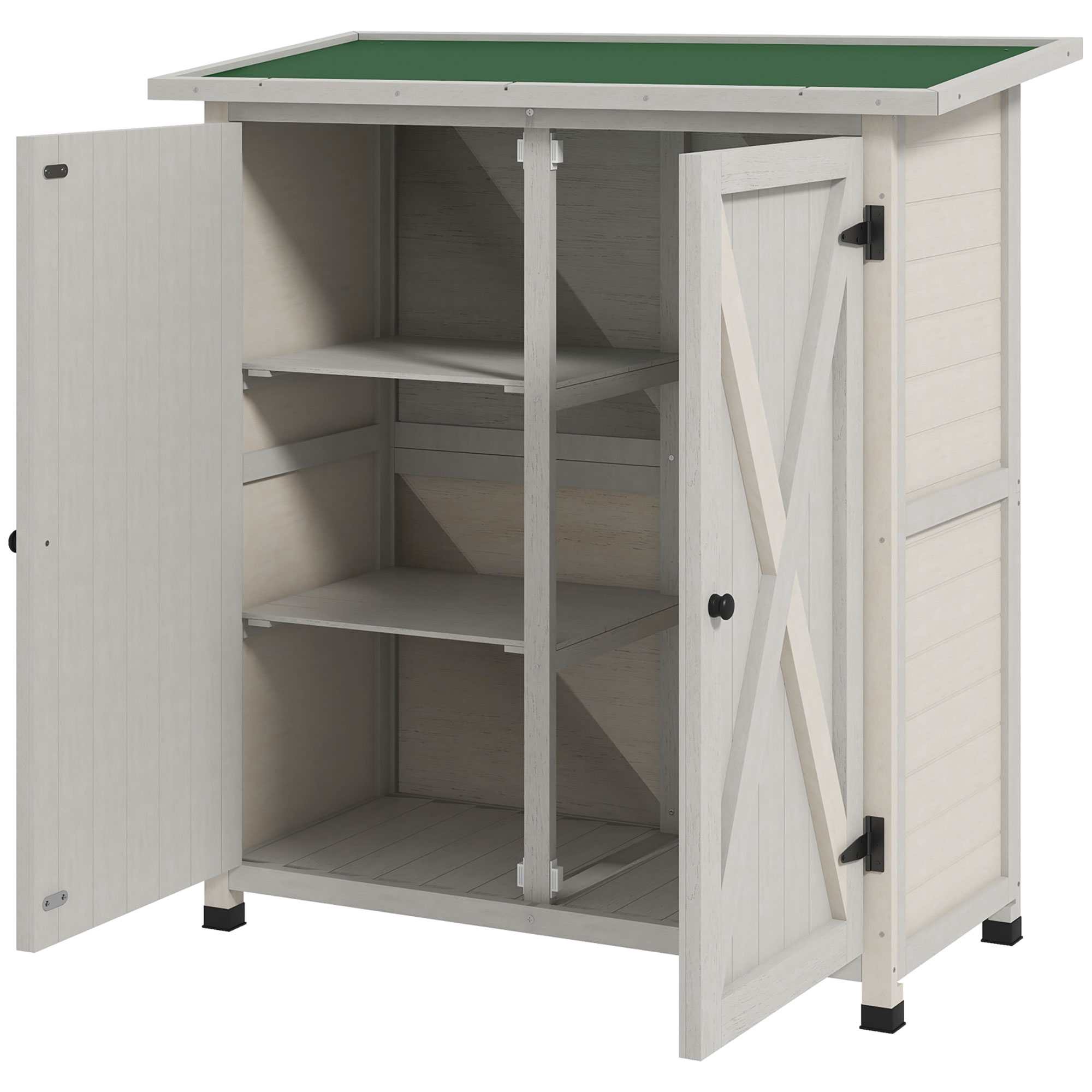 Outsunny Geräteschrank aus Holz mit 2 Türen, Geräteschuppen mit Asphaltdach, 110 x 55 x 117 cm, Hellgrau