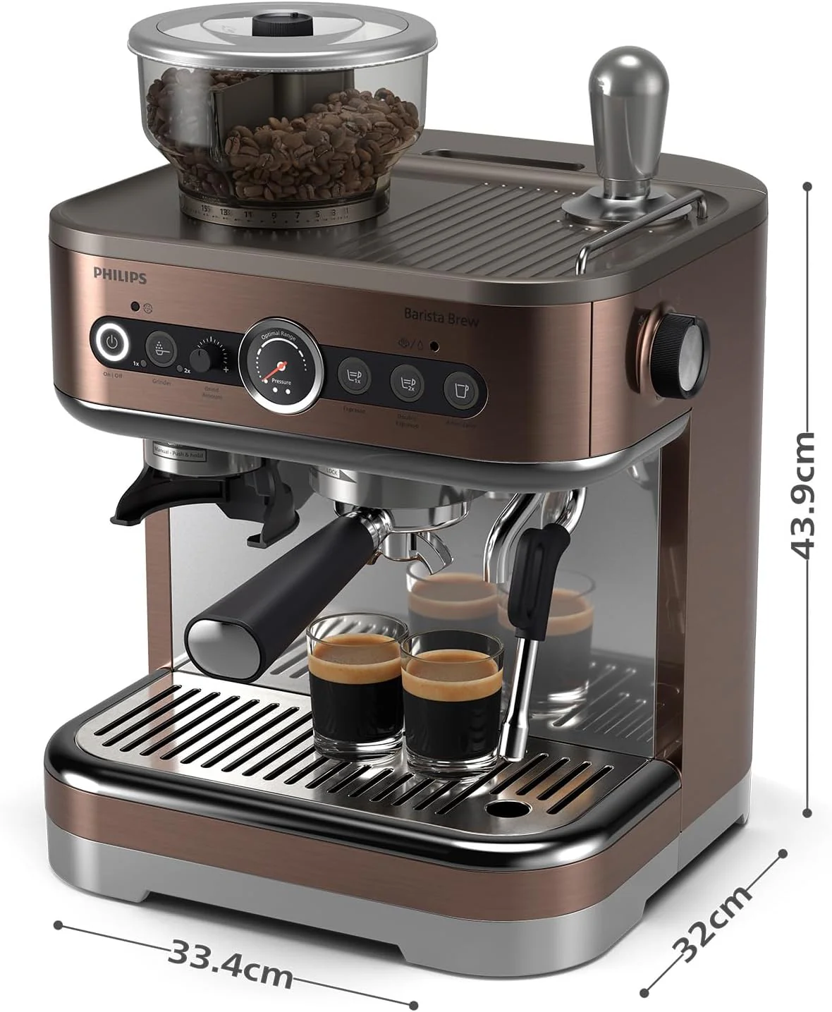 Philips Barista Brew Halbautomatische Espressomaschine - Einfacher & doppelter Espresso + Americano Taste, 250g Bohnenbeh?lter, Intuitive F��hrung, Kalibriertes Stampfen, Metall Silber (PSA3218/01)
