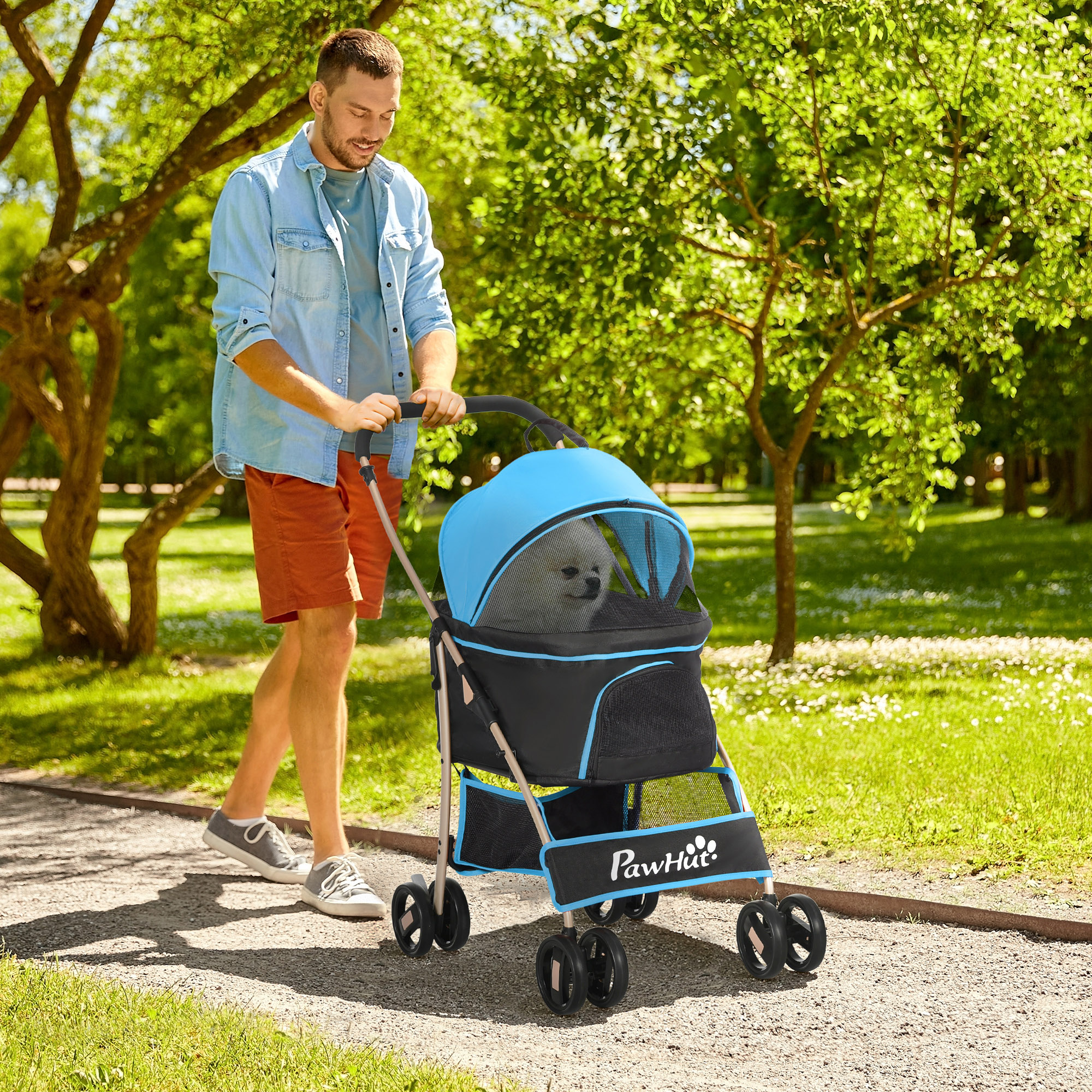 PawHut Hundewagen Wandelbar mit 2 Leinen und Kissen, aus Stahl und Oxford, 82x49,5x98 cm, Blau und Schwarz